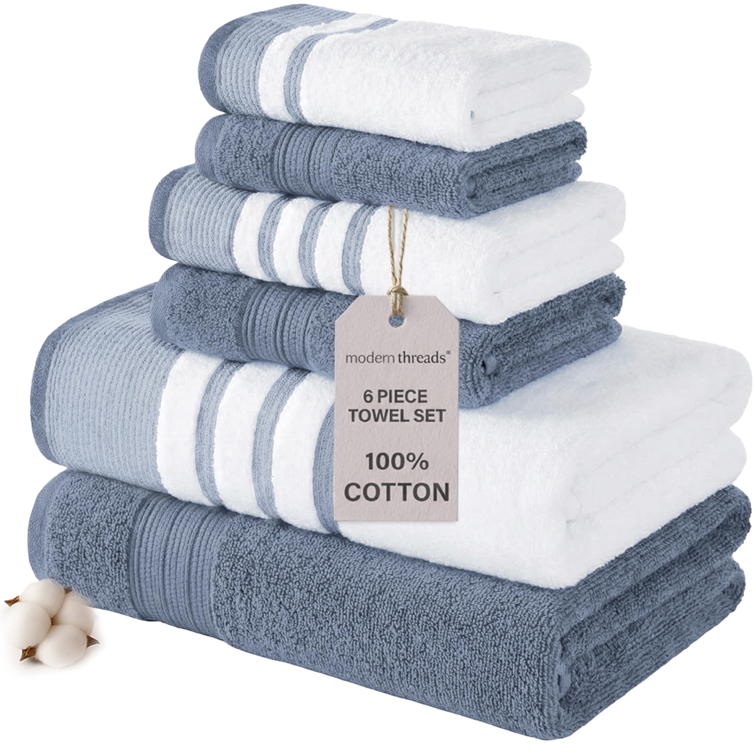 Modern Threads 6-Piece Towel Set 100 Cotton Quick Dry Ultra Absorbent Includes 2 Bath 2 Hand 2 Washcloths