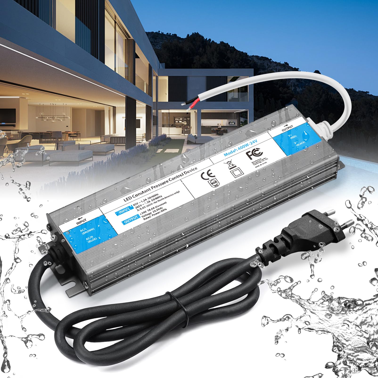 Transformateur 220V 24V Power Supply Alimentation 400W DC LED Driver Continu IP67 Transformer Etanche Extérieur Adaptateur 16.6A Transfo Controleur 220V AC à 24V DC, Pour Ruban LED