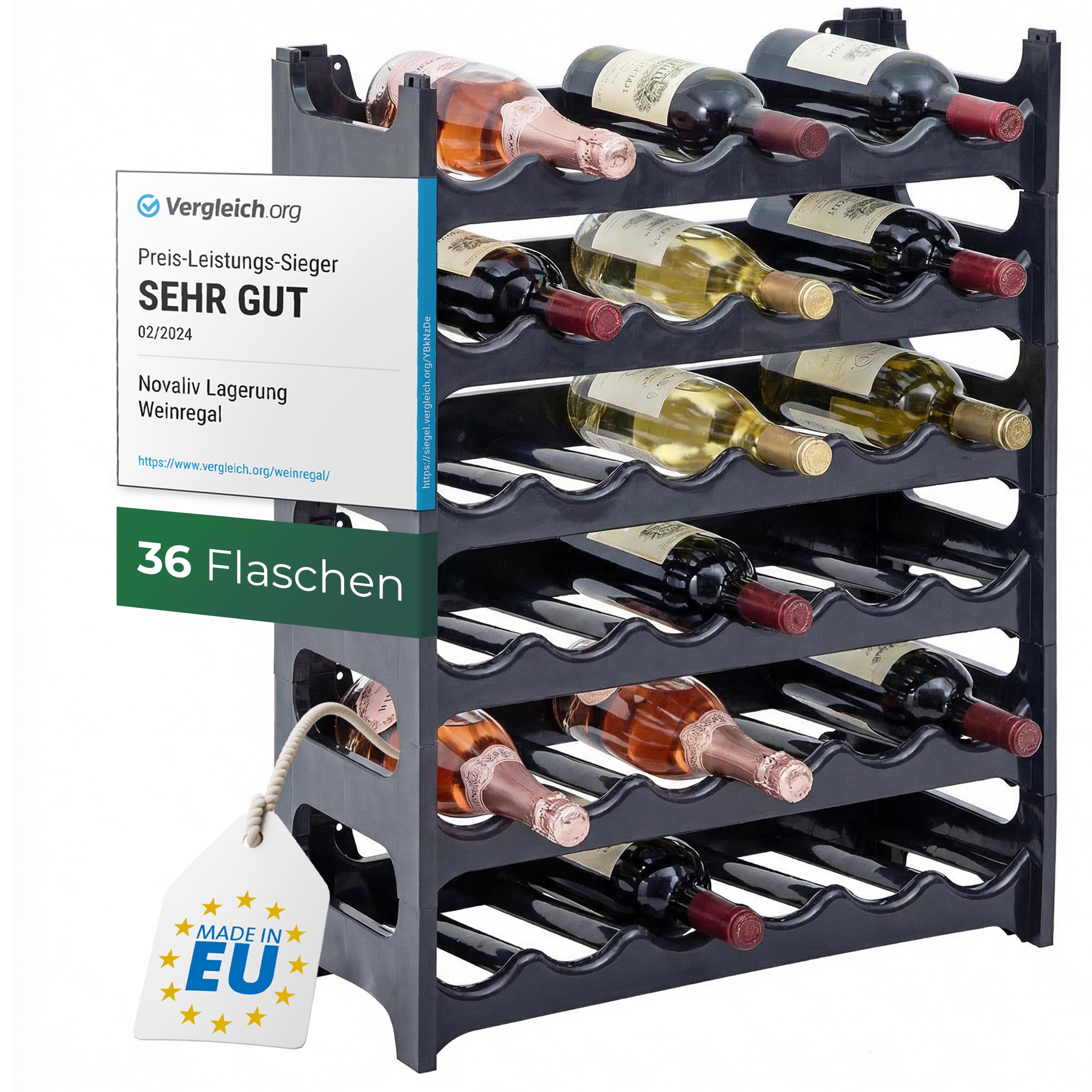 Novaliv Étagère à Bouteilles pour 36 Bouteilles en Plastique Recyclé - Extensible, Empilable, Noir - Système pour Boissons, Armoire à Spiritueux