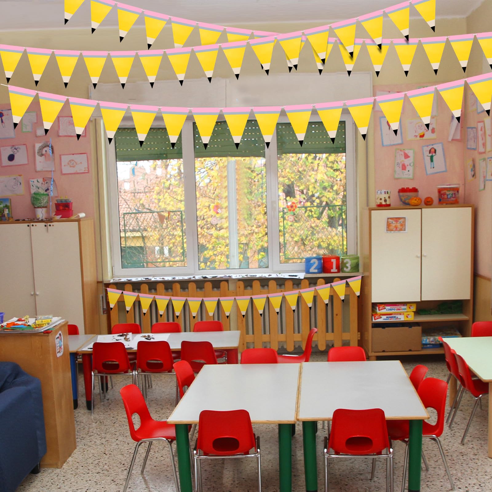 Banderines de papel con forma de lápiz, banderas triangulares con impresión de doble cara, bandera de papel triangular para decoración escolar, fiesta, decoración de aula colgante
