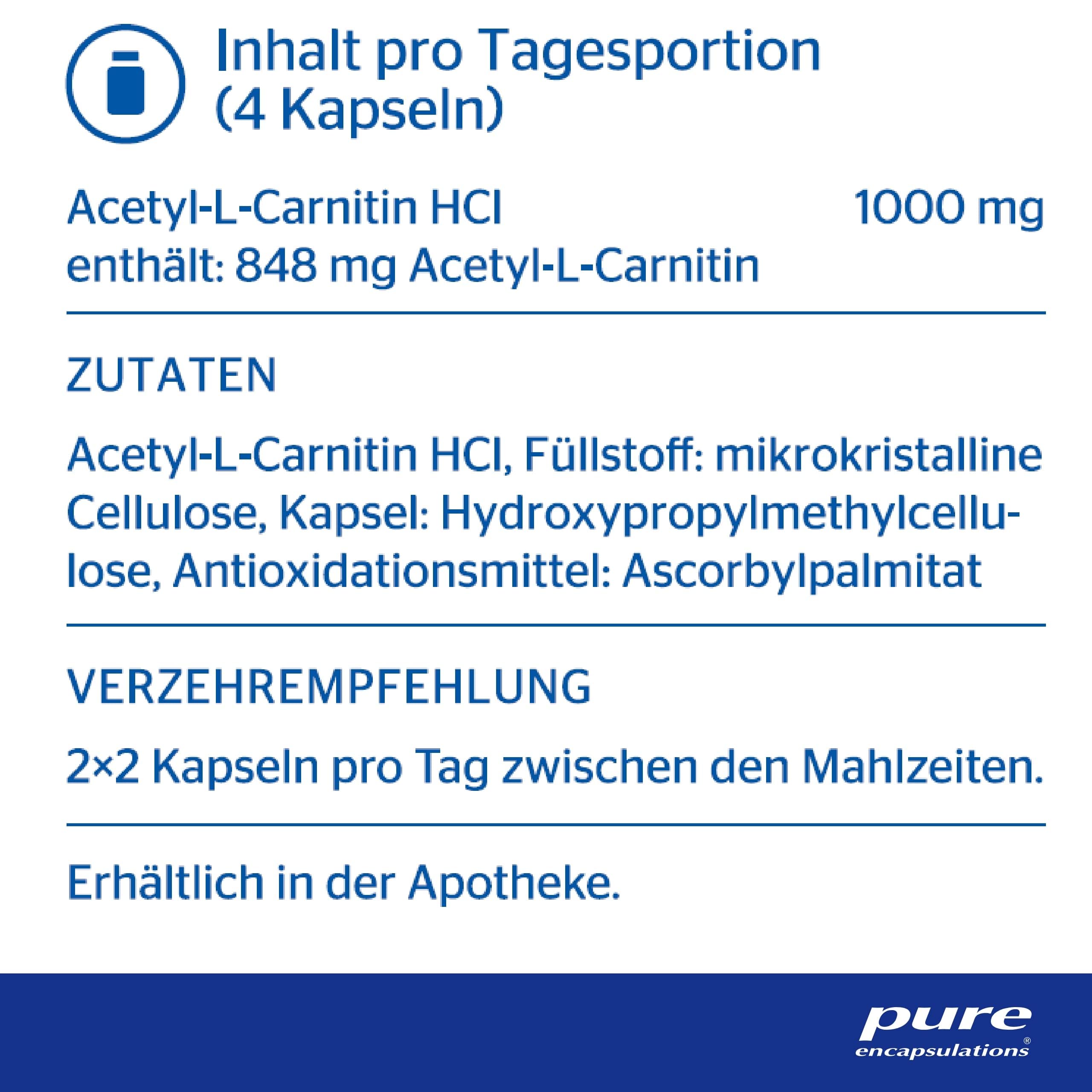Pure Encapsulations - Acetyl L-Carnitin 250 mg– Acetylierte Form, Ohne Zusatzstoffe – 120 Kapseln