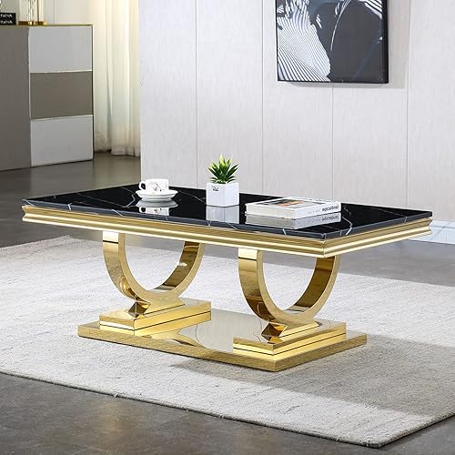 SSLine Rectangular Marble Coffee Table for Living Room Modern Luxury Black Marble Center Table with Gold Pedestal Base 47" Mid-Century Elegant Cocktail Table with Mirrored Stainless Steel Frame Legs