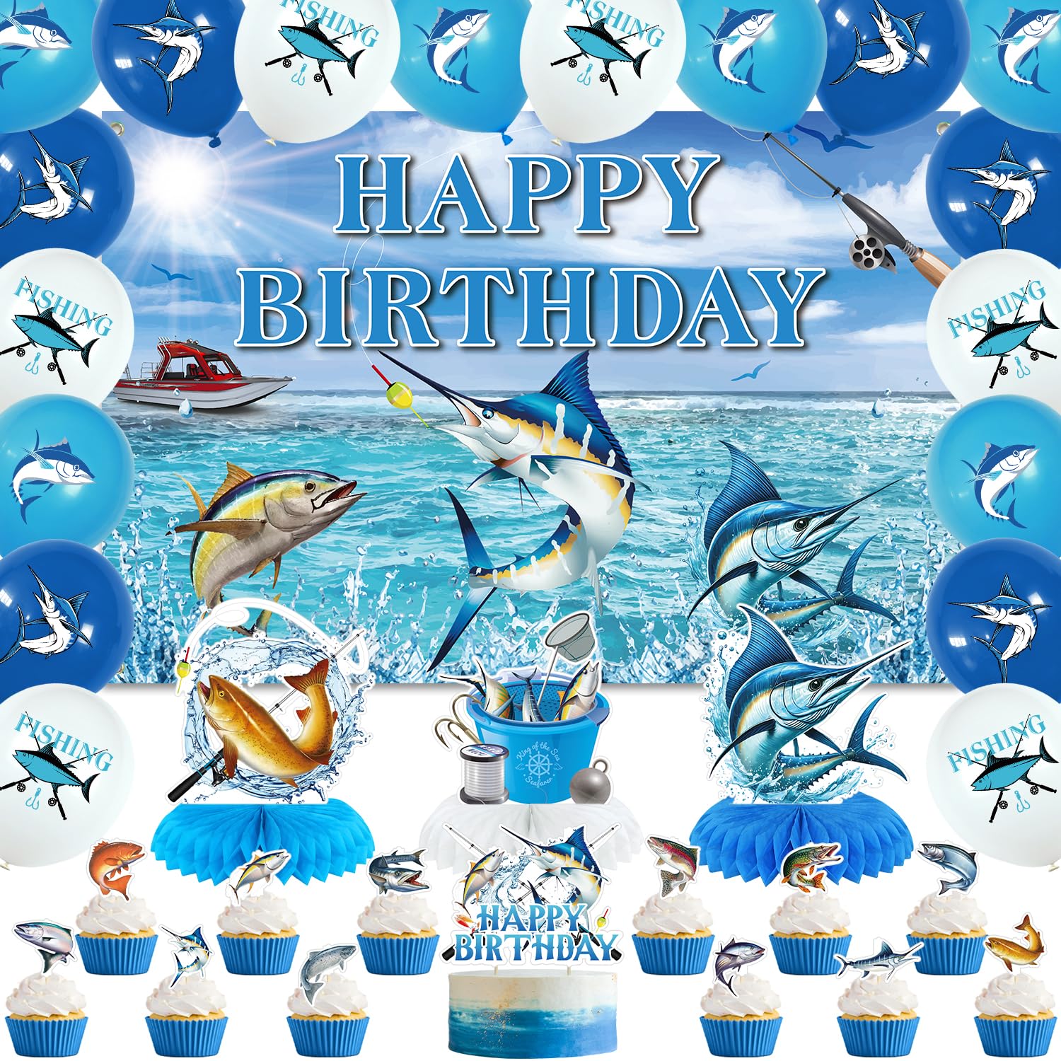 Obussgar Fishing Birthday Party Decorations - Fishing Party Supplies including Happy Birthday Banner, Spirals, Cake Toppers, Table Centerpieces,