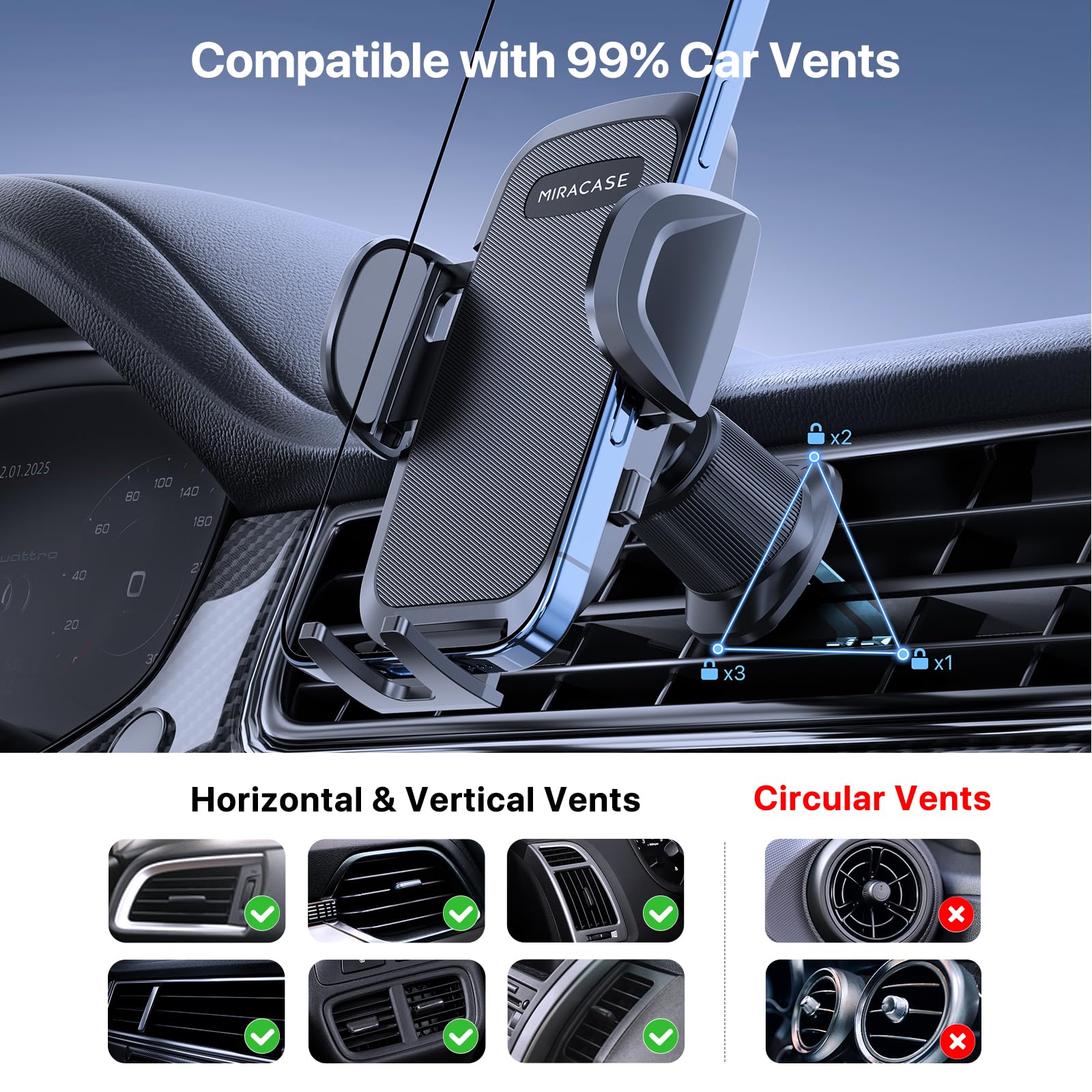 Miracase Supporto per telefono da auto, super ventosa e doppio gancio in acciaio ultra stabile, rotazione a 360°, multi-scena, per cruscotto, parabrezza, furgoni, supporto per tutti i cellulari da 4,5
