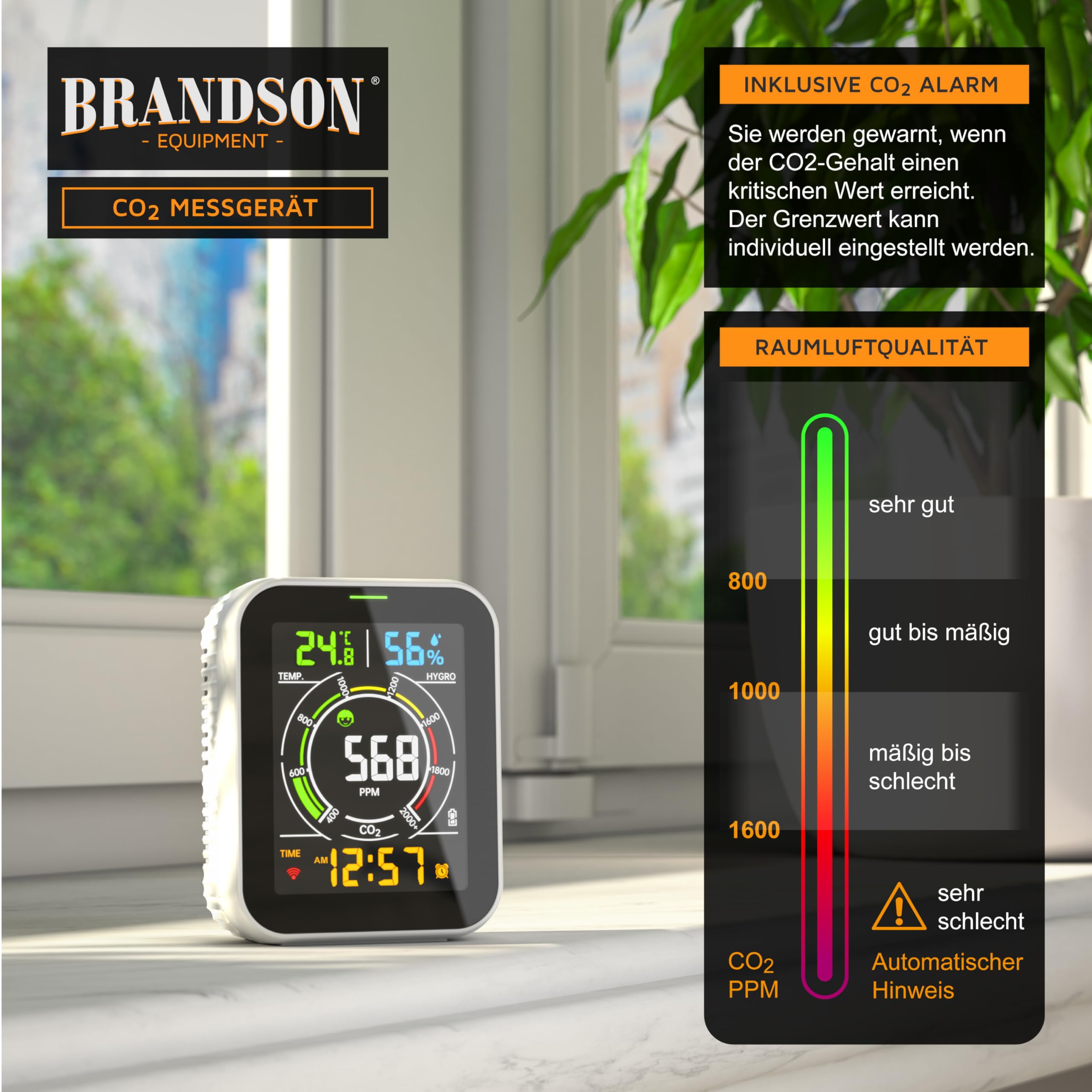 Brandson - Detector de CO2 WiFi - Medidor WiFi Comprobador de Calidad del Aire - Sensor de dióxido de Carbono Medición PPM - Tuya Smart Home - Recomendación de ventilación de Aire - Temperatura