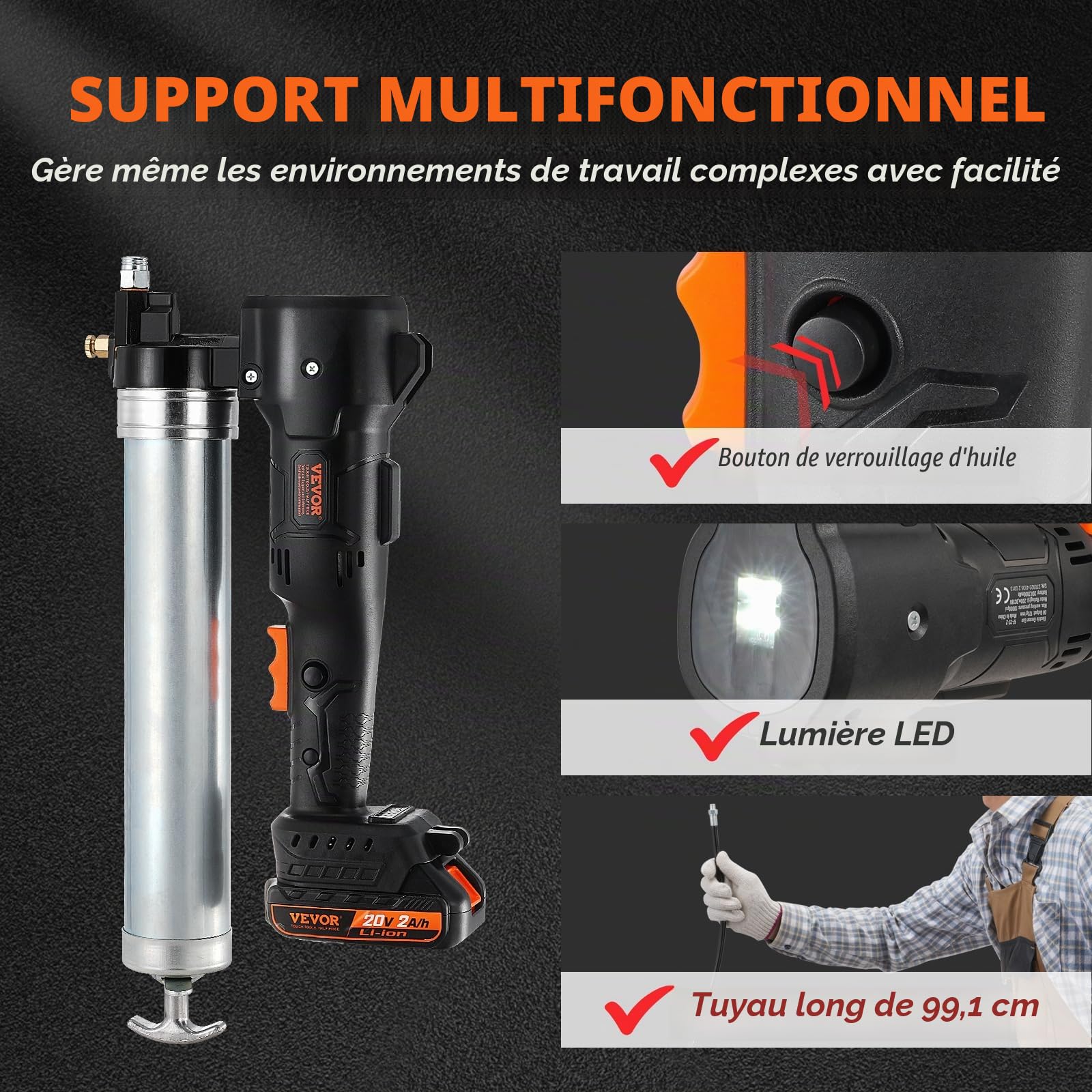 VEVOR Pistolet à Graisse sans Fil 20 V Pistolet à Graisse Électrique 82,74 MPa Kit Pistolet Graisseur Professionnel Alimenté par Batterie Débit Huile 125 g/Min Tuyau 990 mm avec Mallette de Transport