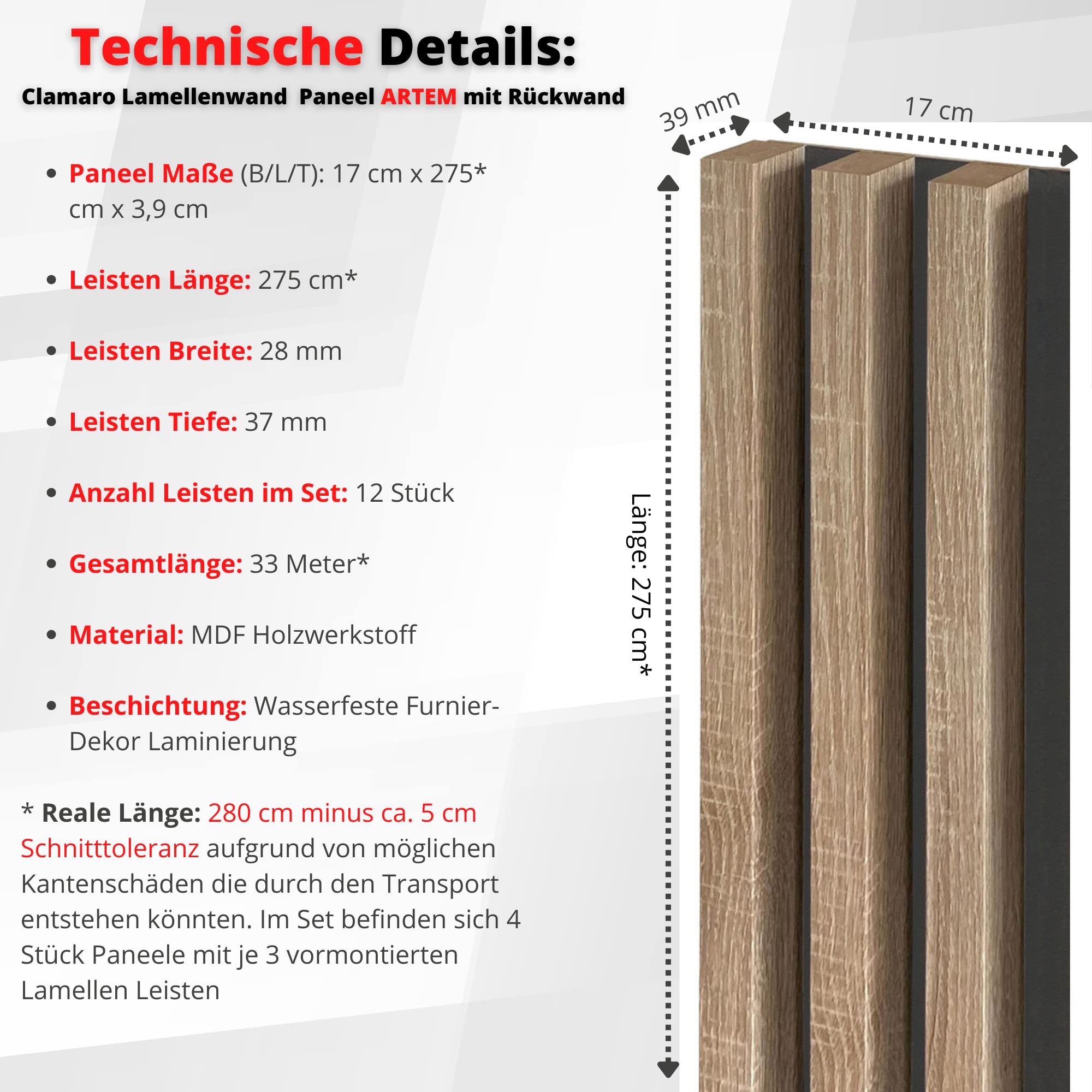 Clamaro "Artem" 4 panele panelowe z 3 lamelami po 28 x 37 mm x 275 cm | Drewniane lamele wstępnie zamontowane na tylnej ściance np. do paneli akustycznych lub paneli ściennych | dąb Catania z czarną tylną ścianką
