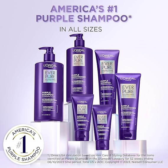 LOreal Paris Sulfate Free Brass Toning Purple Shampoo for Blonde, Bleached, Silver, or Brown Highlighted Hair, EverPure, 6.8 Fl Oz (Packaging May Vary)