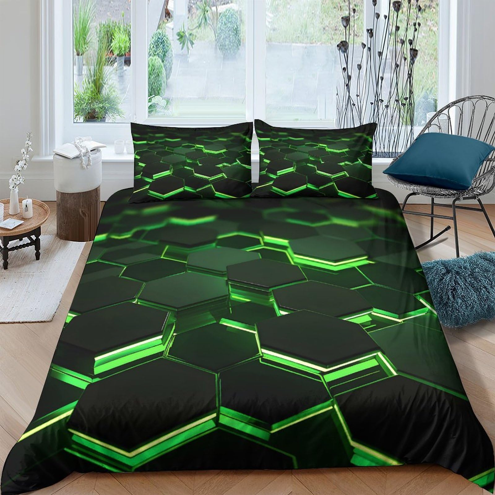 Ctjqhvkz Style-5 3D Printed Neon Green Hexagon Fitted Sheet Microfiber Soft Black Geometric Bed Sheet For Bedroom Guestroom Decor Single（135X200cm）