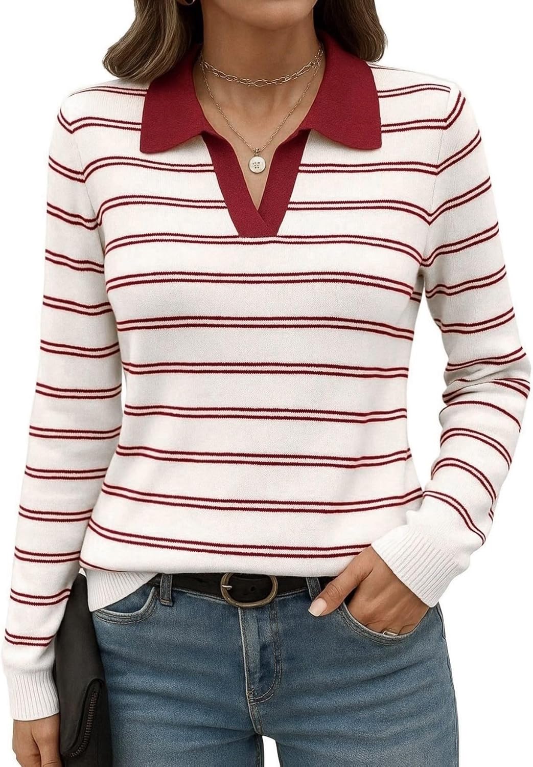Romanstii Women's Knitted Collared Sweaters Long Sleeve V-Neck Polo Shirts Winter Pullover Tops