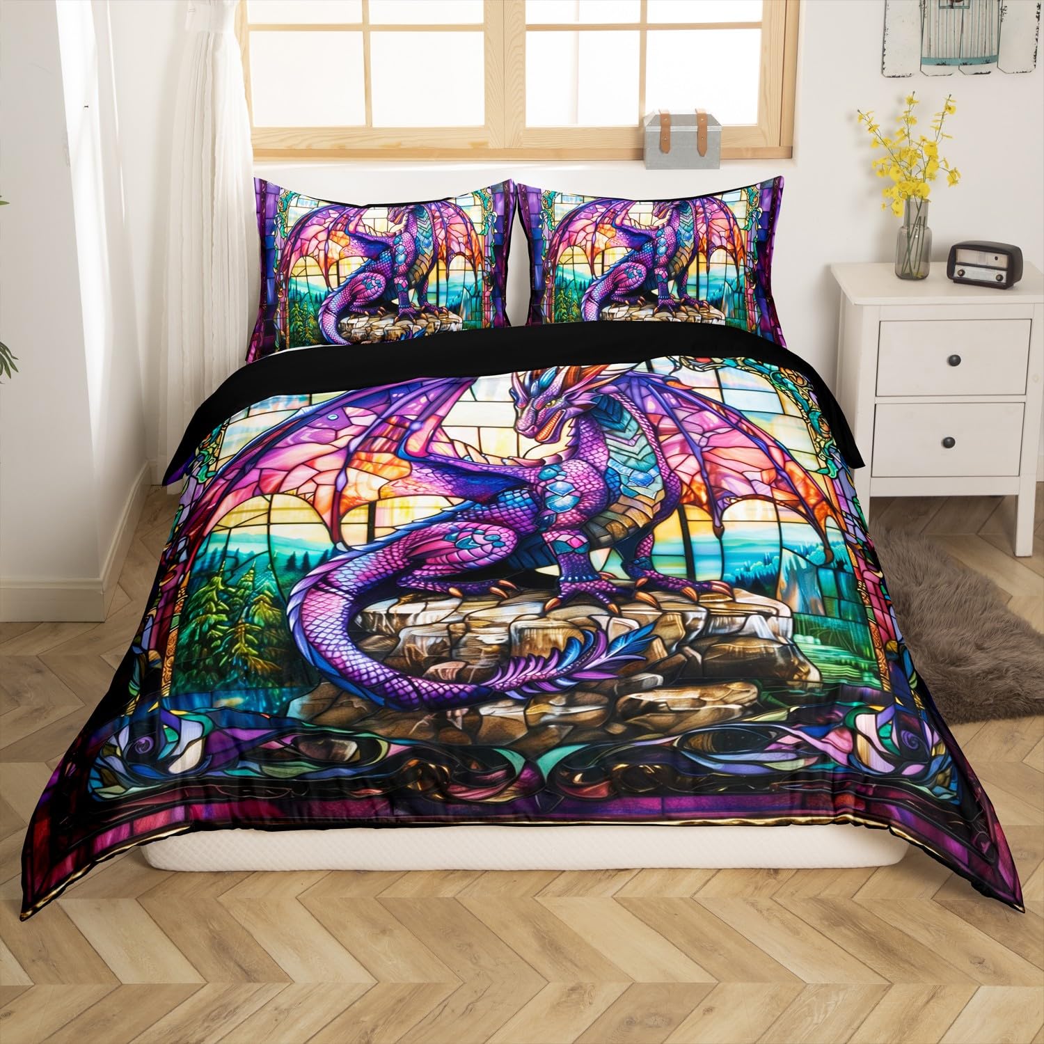 Housse de couette dragon violet 140x200 avec parure de lit rustique