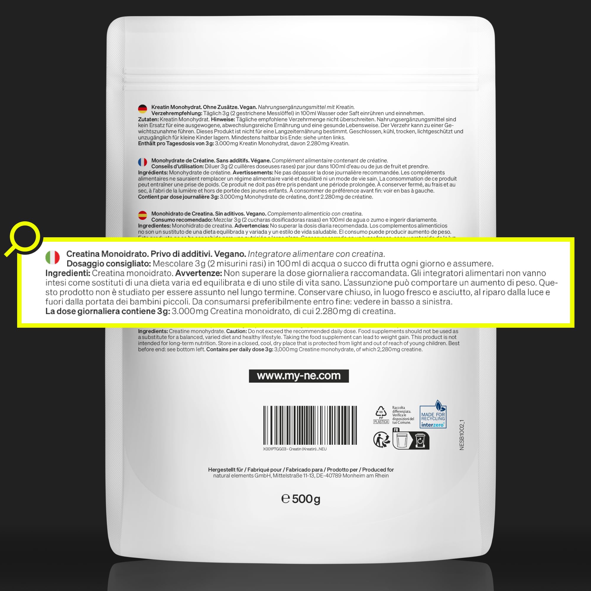 Creatina Monoidrata, 500g Polvere Ultrafine (mesh 200), Integratore per Allenamento, Sport, Palestra e Pre, prodotta e testata in Laboratorio in Germania, senza Additivi inutili, con Misurino, Vegan