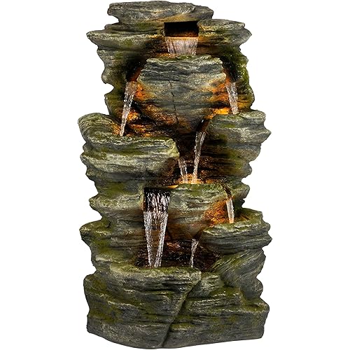 Alpine Corporation WIN1092 Outdoor Multitiered Rock Waterfall Floor Fountain with Warm White LED Lights, 51" Tall, Brown