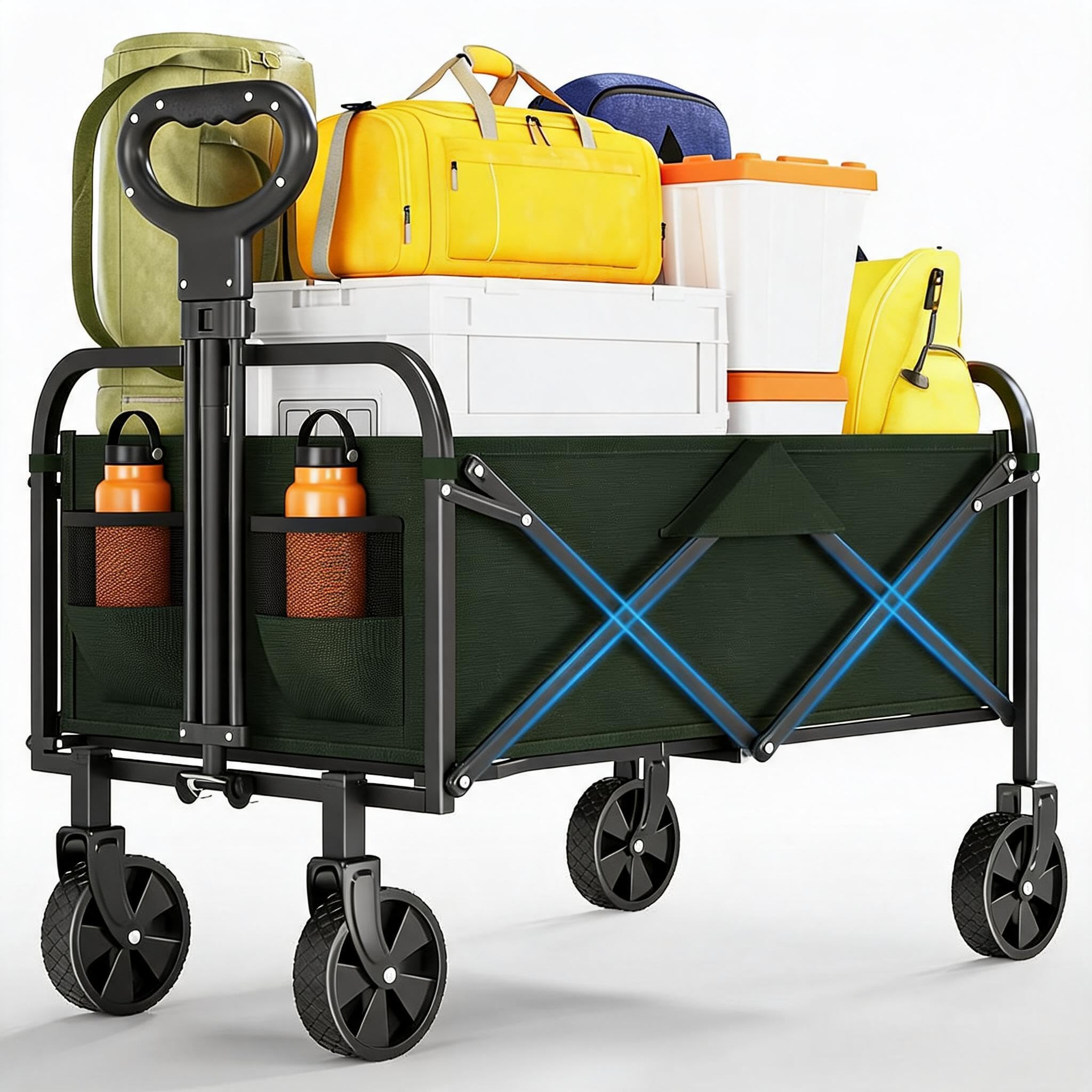 Cachpib Festival Trolley on Wheels, 220L Foldable Camping Cart, Pull Garden Wagon, All-Terrain Wheels, Adjustable Handle, Side Pocket for Camping, Beach, Garden, 380lbs Capacity