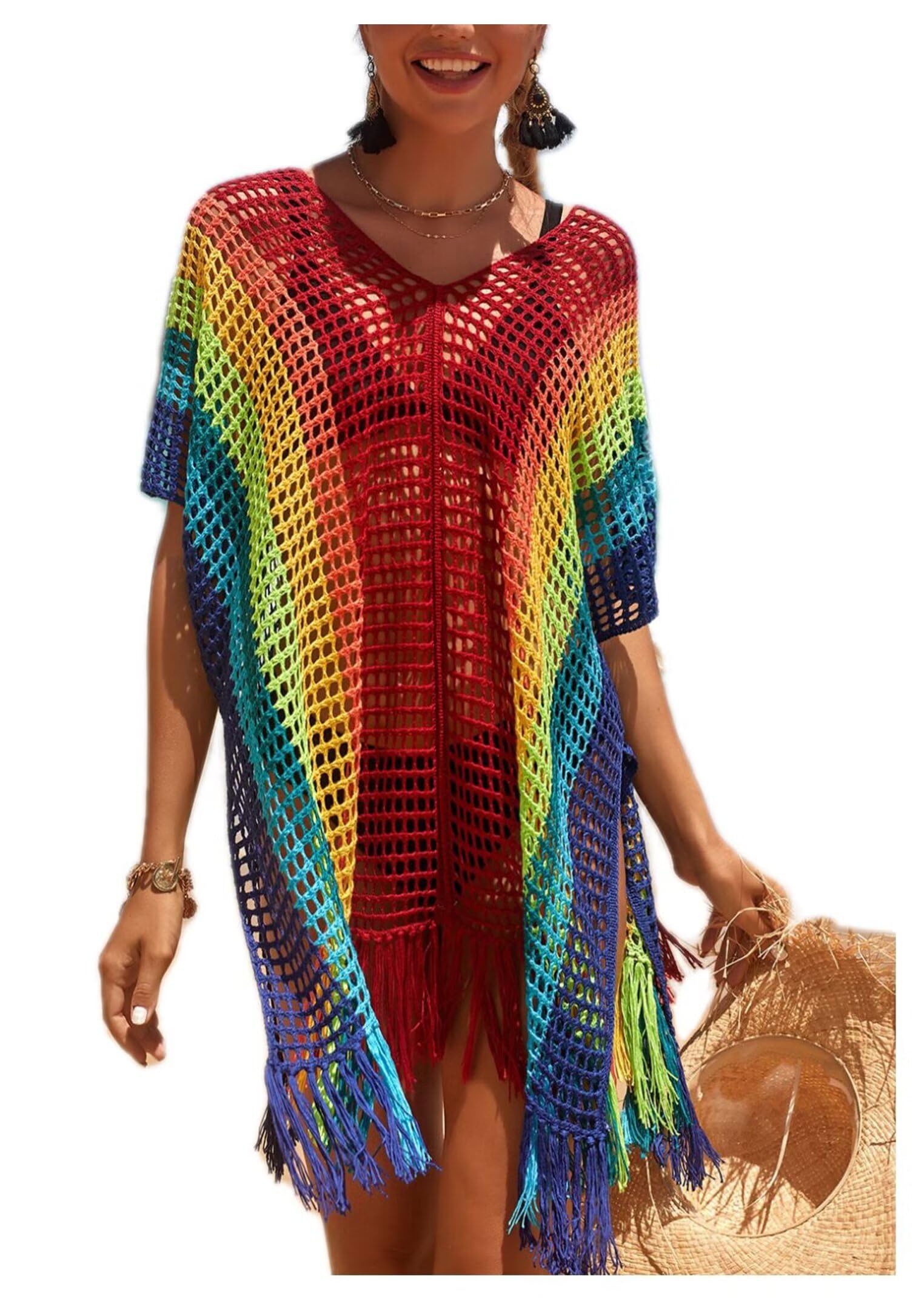 Shuanghao Traje-Baño Vacaciones-Playa Sexy-Hueco Verano-Casual Mujer - Cubrir Camisola Blusa de Baño Cubrir en Color V Cuello Grand Suelto Elegante Vestido Crochet con Borla Punto para Mujer