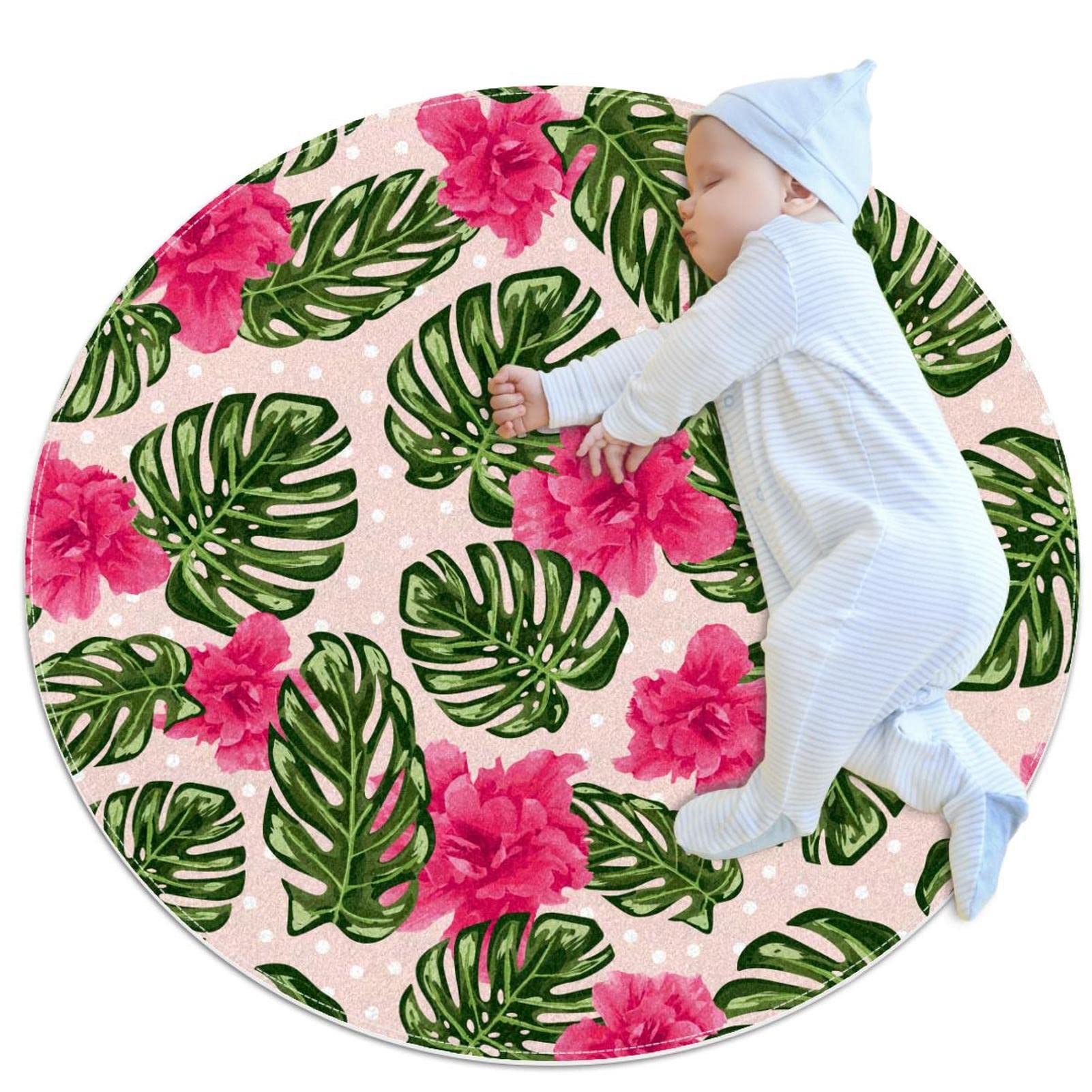 Tapis rond palmier vert fleurs rouges JDEZ 100x100cm pour déco de chambre et salon