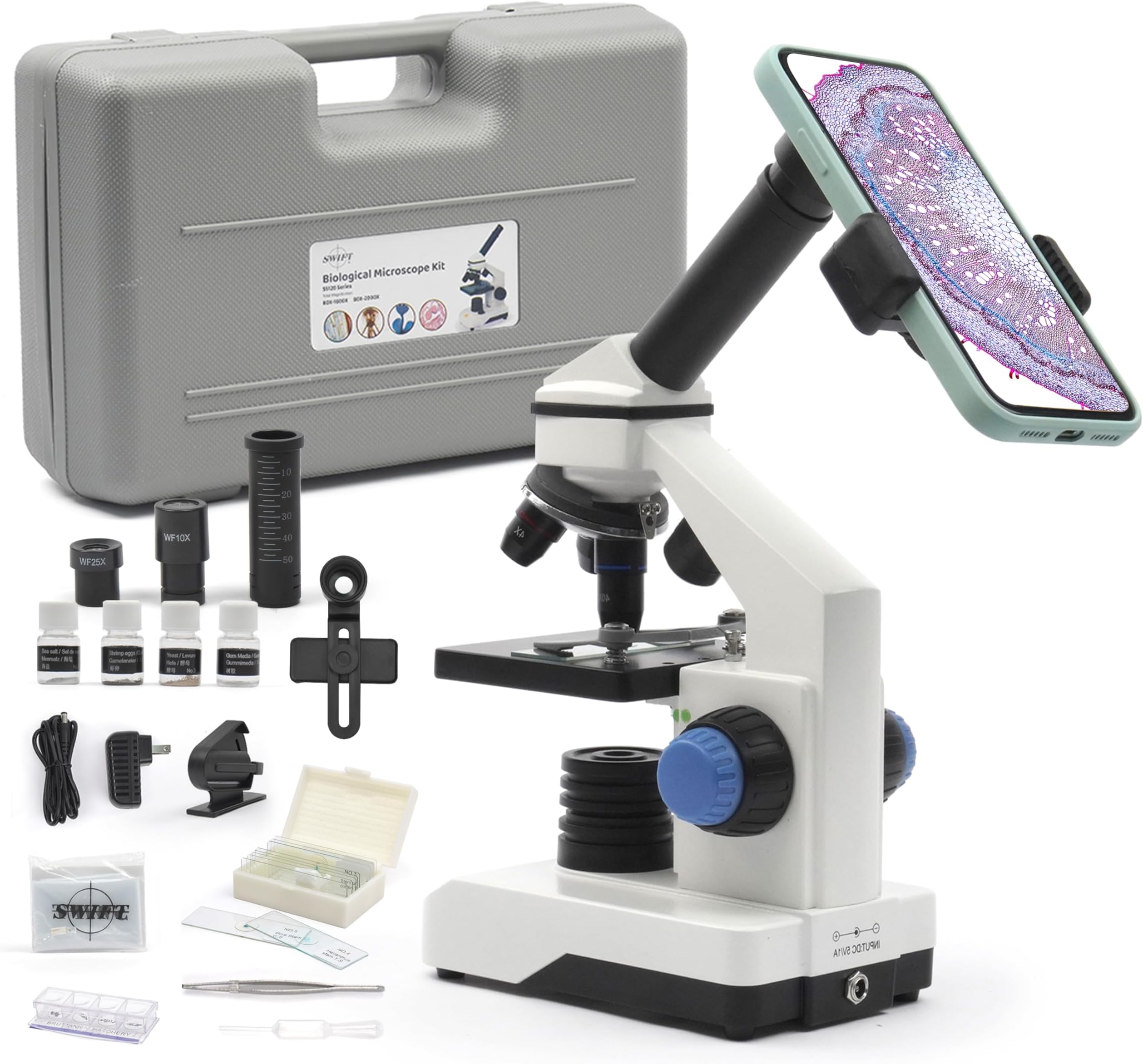 Swift SS121-25-PPA Children's Microscope, Metal, 80X-2000X, Biological Microscope, For Elementary Students, Beginners, Includes Pre-Parate, Sliding Glass, Smartphone Photography, Rotating Monocular