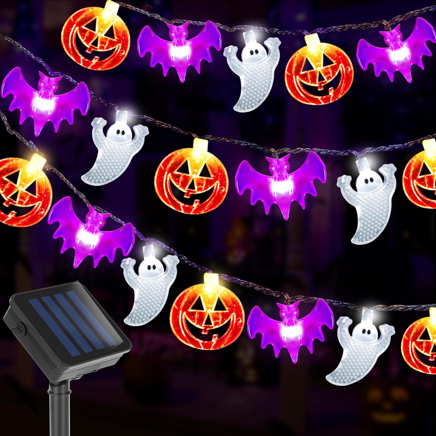 Halloween Lights Outdoor Solar Lights Decorations, 33 FT 40 LED Pumpkin Bat Ghost Solar Halloween String Lights, 8 Modes Waterproof Halloween Decorations Lights Home Garden Yard Cute Halloween Decor