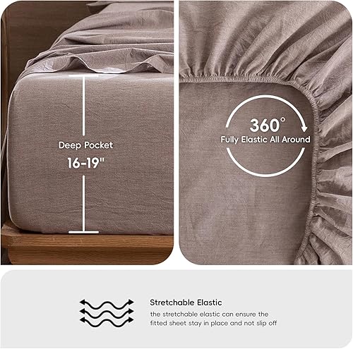 Miniatura 6 de MooMee - Juego de sábanas de 100% algodón lavado, textura parecida al lino, transpirable, duradero, suave y cómodo (color marrón malva, tamaño king)