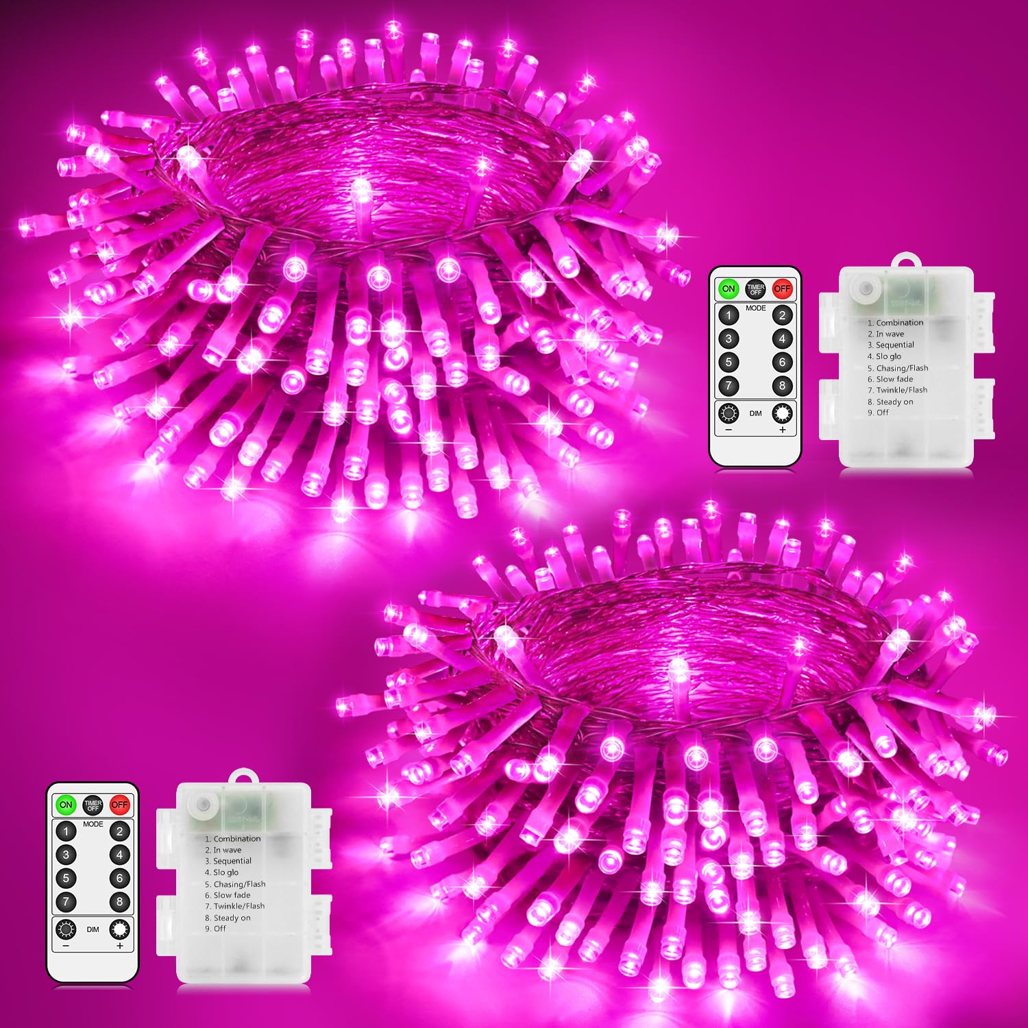 2 Pack Pink Battery Fairy Lights Total 20M 200 LED String Lights Outdoor Christmas Lights Waterproof with Remote Timer 8 Modes for Indoor Outside Bedroom Valentines Day Garden Wedding Decorations