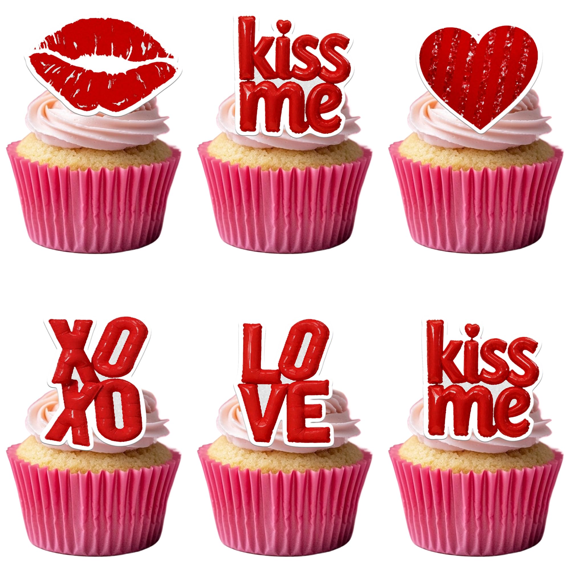 50 PCS Edible Valentine's Day Cupcake Toppers with Lips Wafer Paper Red XOXO Love Kiss Me Be Mine Cupcake Picks Edible Valentine's Day Party Decorations for Love Hearts Theme Party Supplies