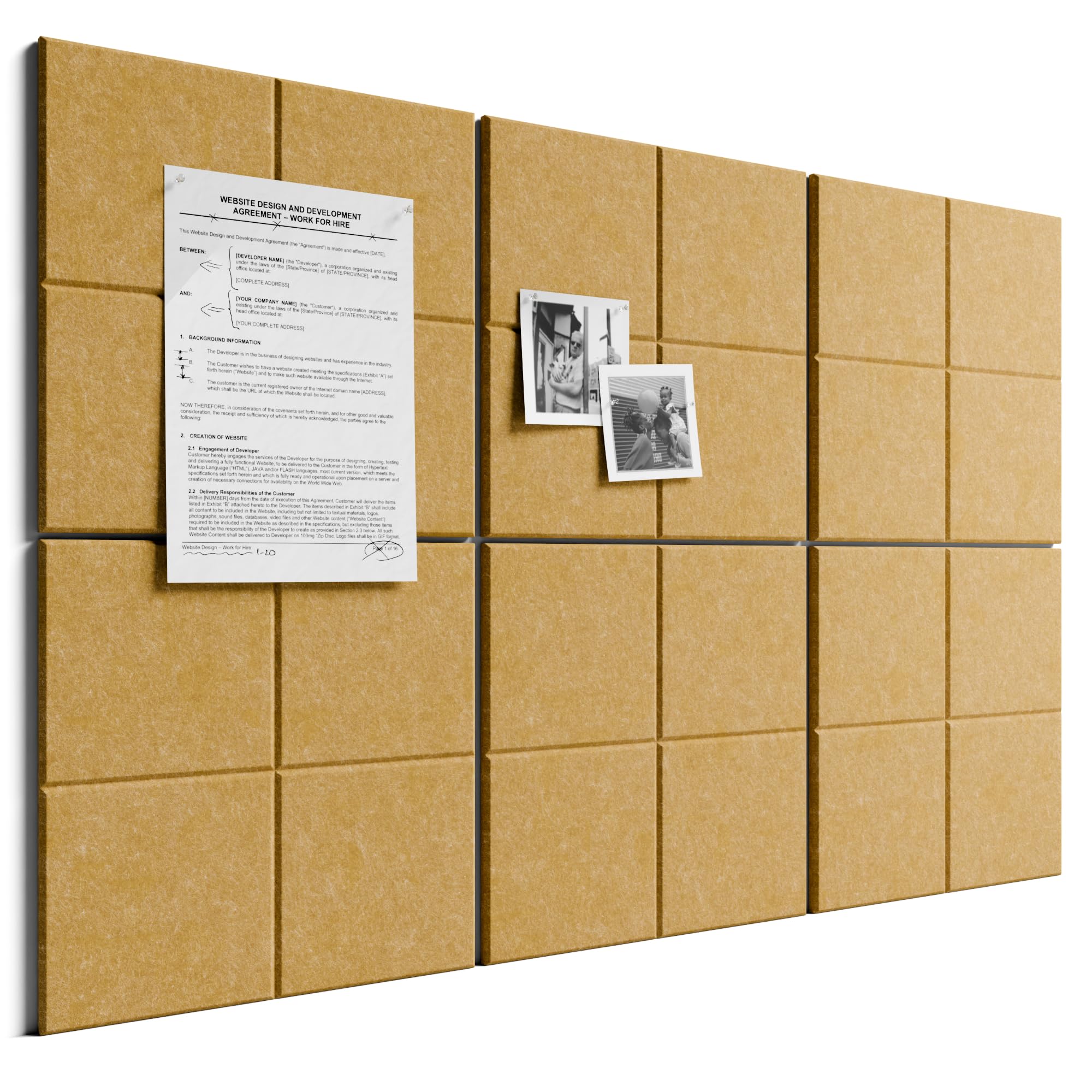 Bumusty Large Cork Board Alternative 36 x24 Felt Bulletin Board Tiles, with 30 Pushpins, 40 Adhesive Tabs, 6 Pack Slat Wall Paneling, Cork Boards for Office Push Pin Board Felt Board-Longan Tan
