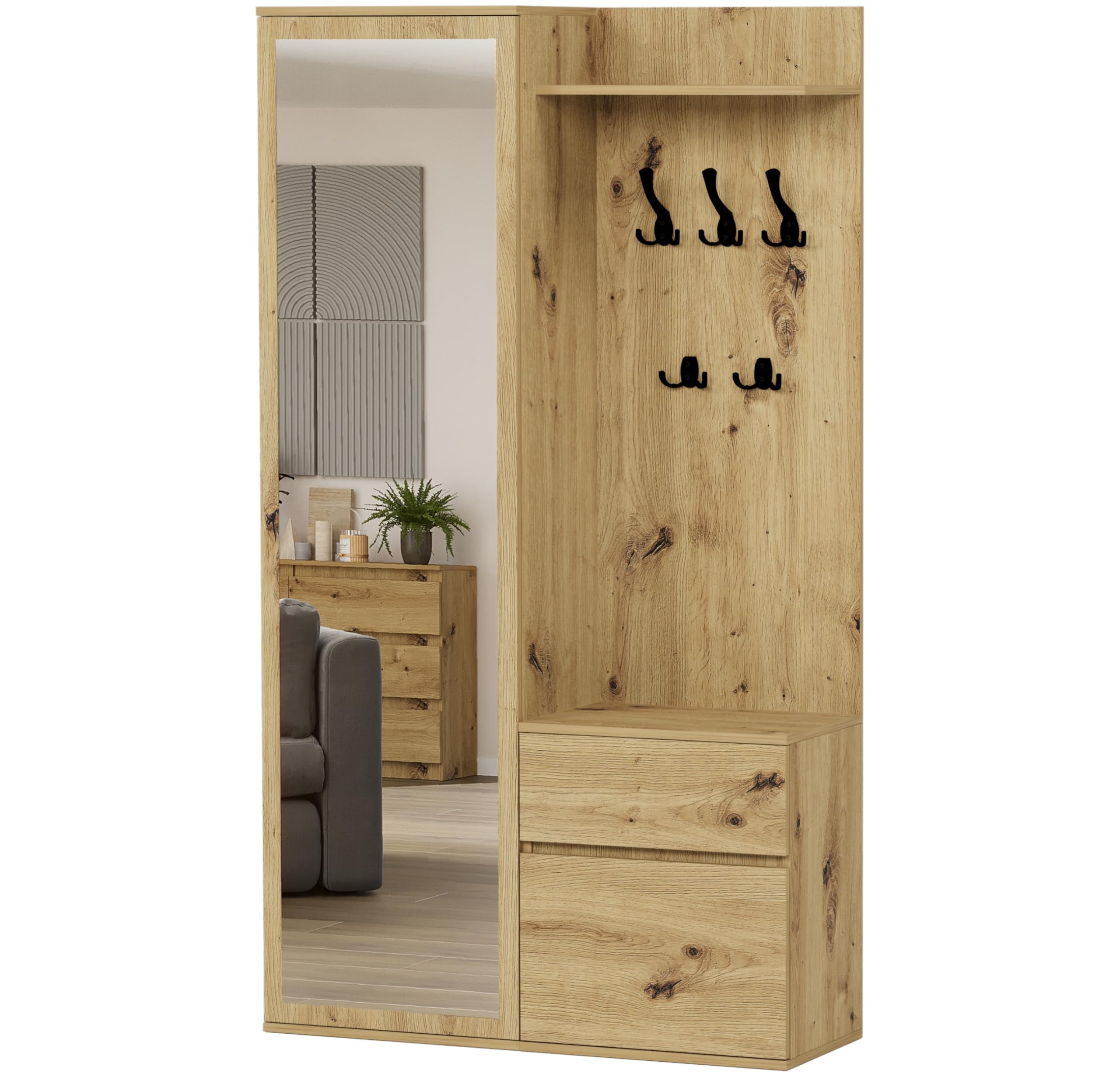 Flurgarderoben-Set Artisan Eiche 100 cm 3-teilig Schrank mit Spiegel Garderobenpaneel mit Ablage Schuhschrank mit Schublade Modern V-5