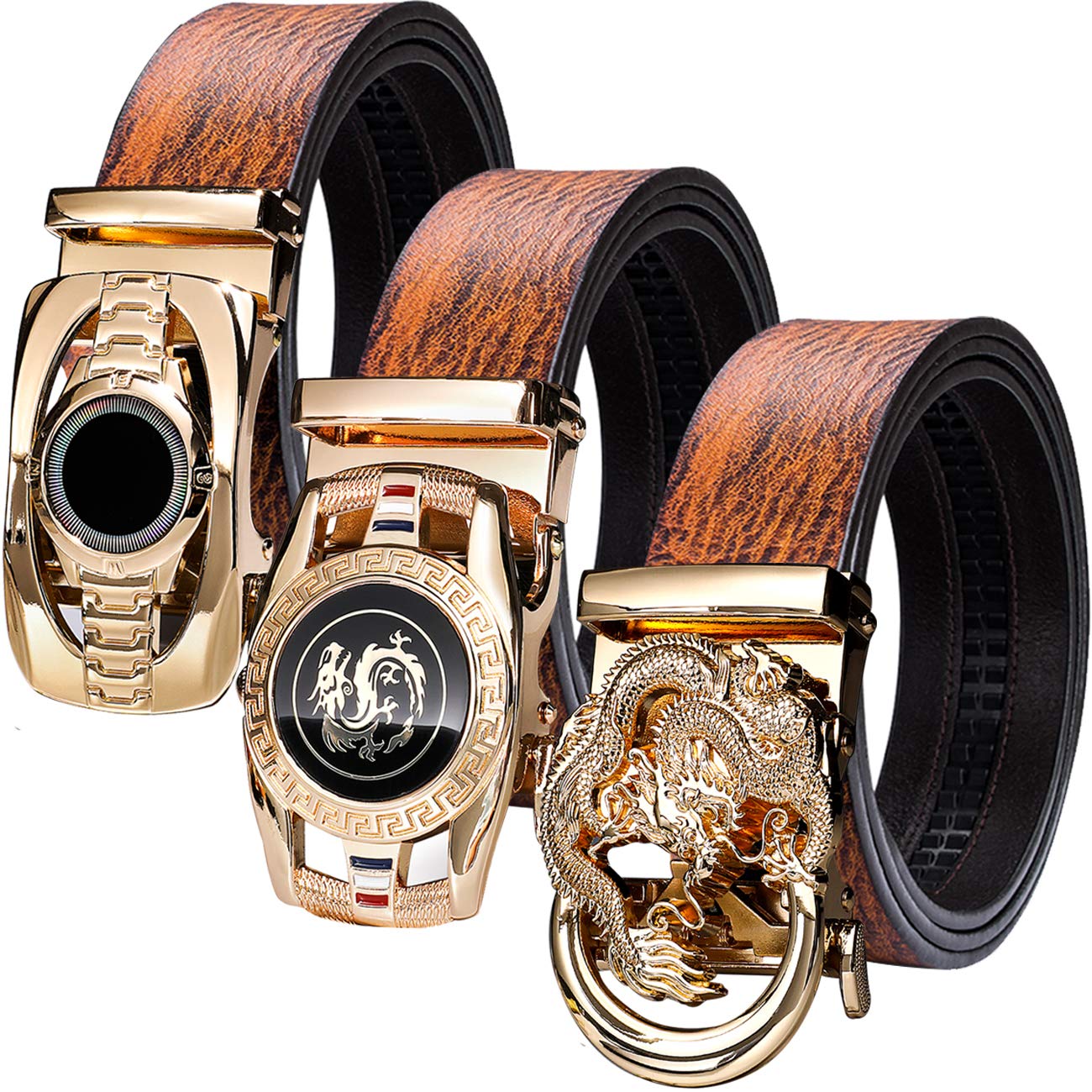 Barry.Wang Cinturones para hombre, color negro, diseño automático, hebilla de trinquete de metal, cinturón de cuero auténtico, ajustable (43 a 59 pulgadas), caja de regalo