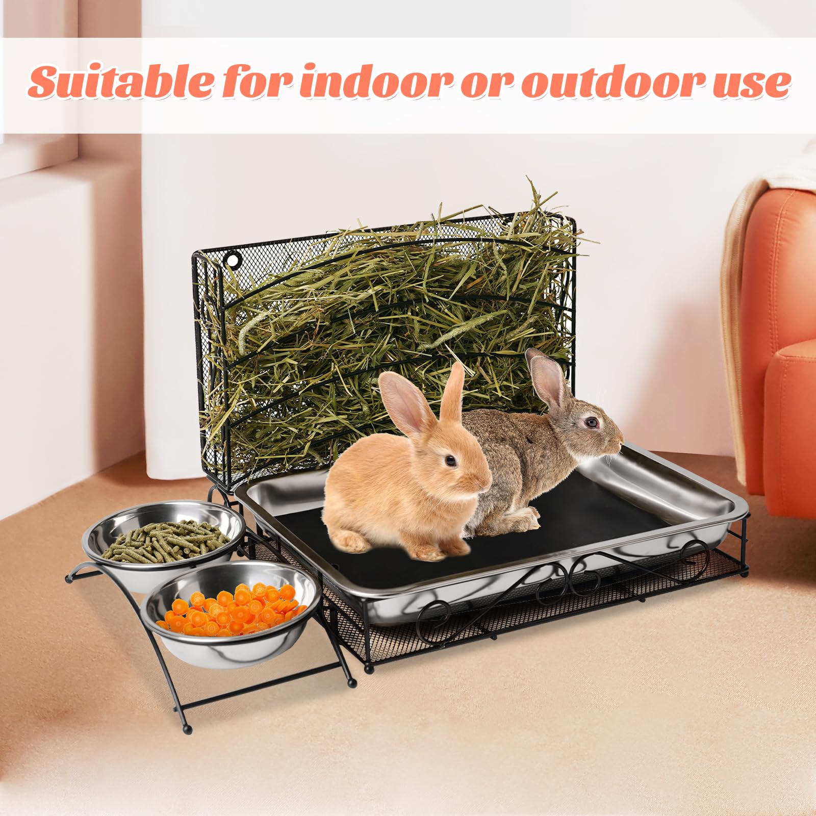 3 in 1 Rabbit Hay Feeder with Litter Box and Bowls Guinea Pig Hay Feeder with Metal Hay Rack, Bunny Litter Box, Stainless Steel Small Animal Feeding Bowl, Black - image 6