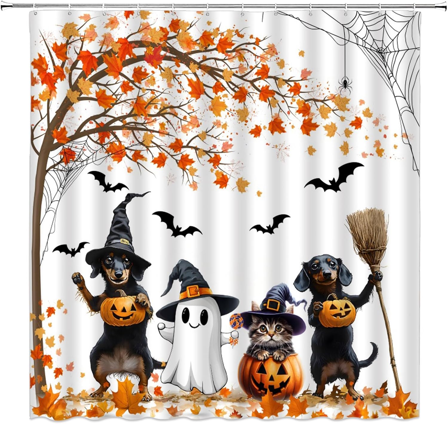 Halloween Shower Curtain Funny Dog Cat Spooky Ghost Maple Fall Pumpkin Thanksgiving Gothic Bathroom Decor Curtain with Hooks,70" WX78 H