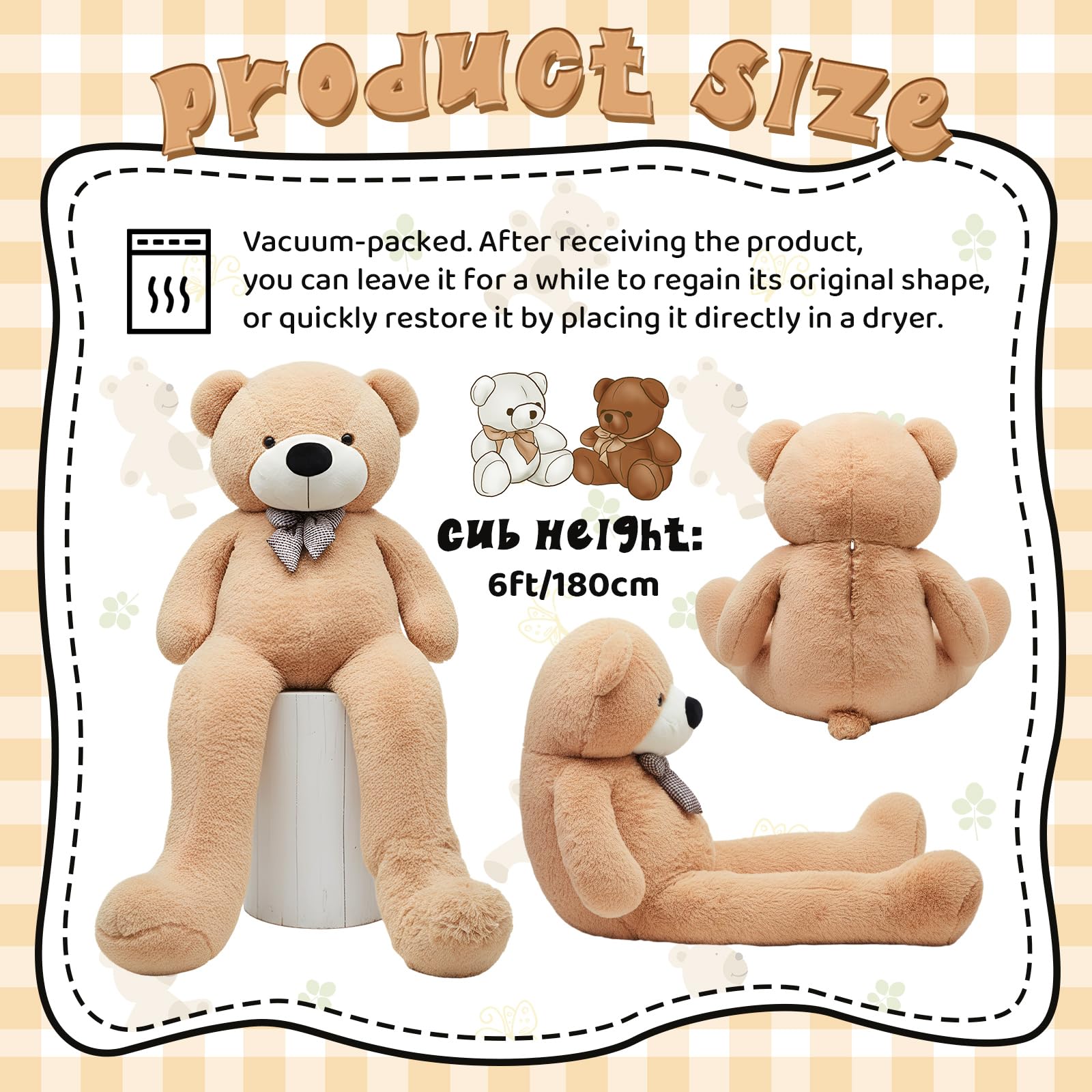 Meooeck Bär, 178 cm, groß, Plüschtier, niedlich, riesig, 1,8 m hoch, Hellbraun, Stoffbär, Valentinstagsgeschenk für Freundin, Ehefrau, Liebhaber, Geburtstagsgeschenk