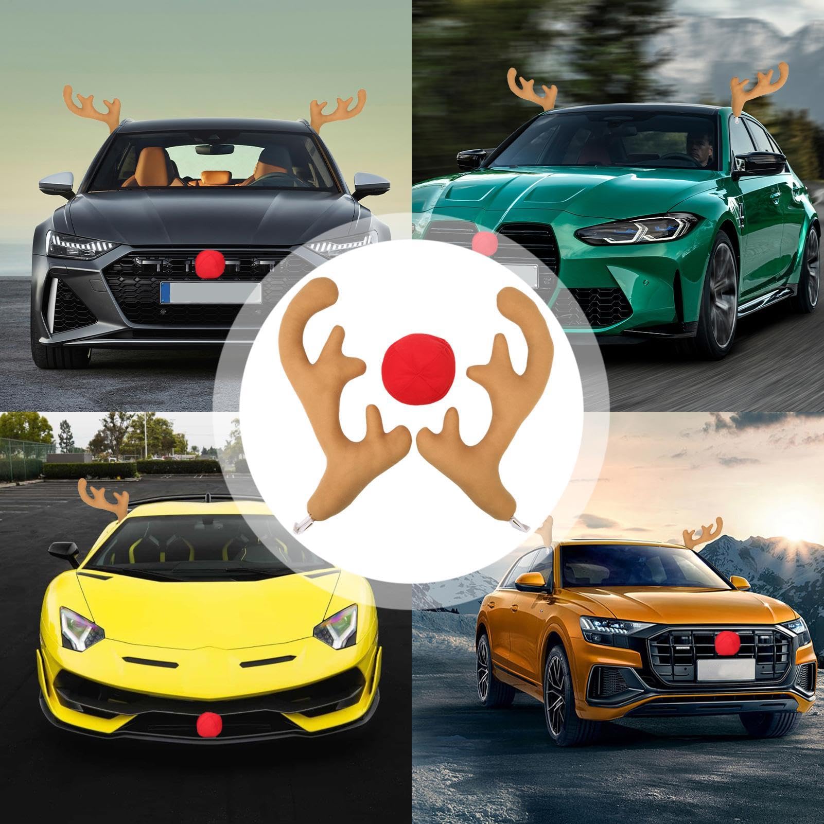 1 Set di Corna di Renna per Auto - Decorazioni Natalizie per Renne per Auto | Corna di Renna per Auto | Decorazione Natalizia per Auto con Corna E Naso | per Auto dal Naso di Cervo