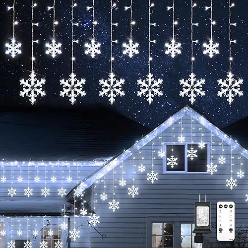 suddus Luces de copo de nieve de Navidad para exteriores, 10.7 pies, 168 luces LED conectables con 14 gotas, luces de carámbano colgantes para