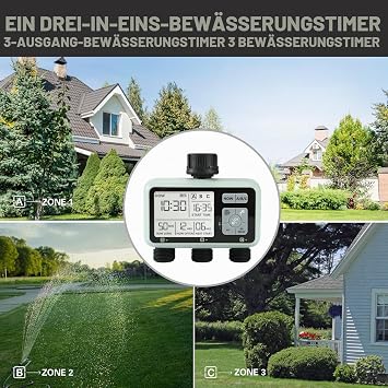 Kazeila Water Timer Irrigation Computer 3 Ports 3 Separate Programmes Watering Clock Digital Programmable / Timer Watering Automatic Watering / IPX5 Waterproof
