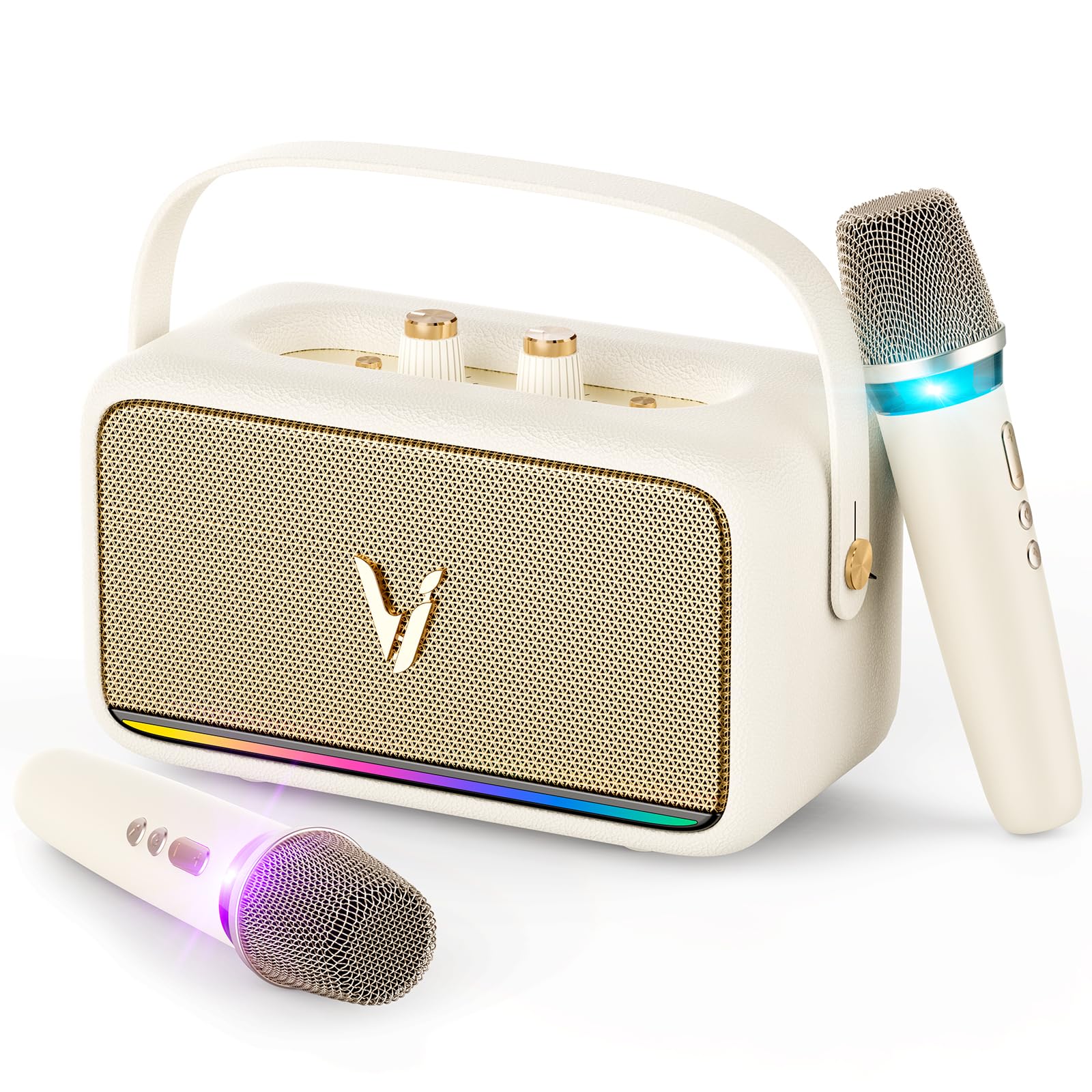 Macchina per karaoke con 2 microfoni wireless e involucro in morbida pelle, altoparlante Bluetooth portatile con 5 modalità di cambio vocale per feste a casa, supporto AUX/USB/TF, per bambini