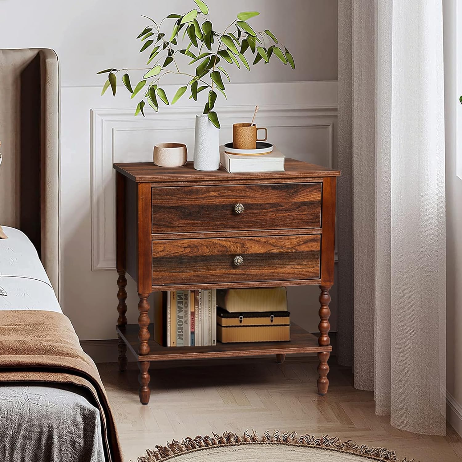 Vintage Dresser, Farmhouse Wooden Storage Cabinet, Solid MDF Chest of Drawers for Bedroom, Rustic Brown Nightstand with Antique Finish, Classic Mid-Century (2 Drawers Nightstand)