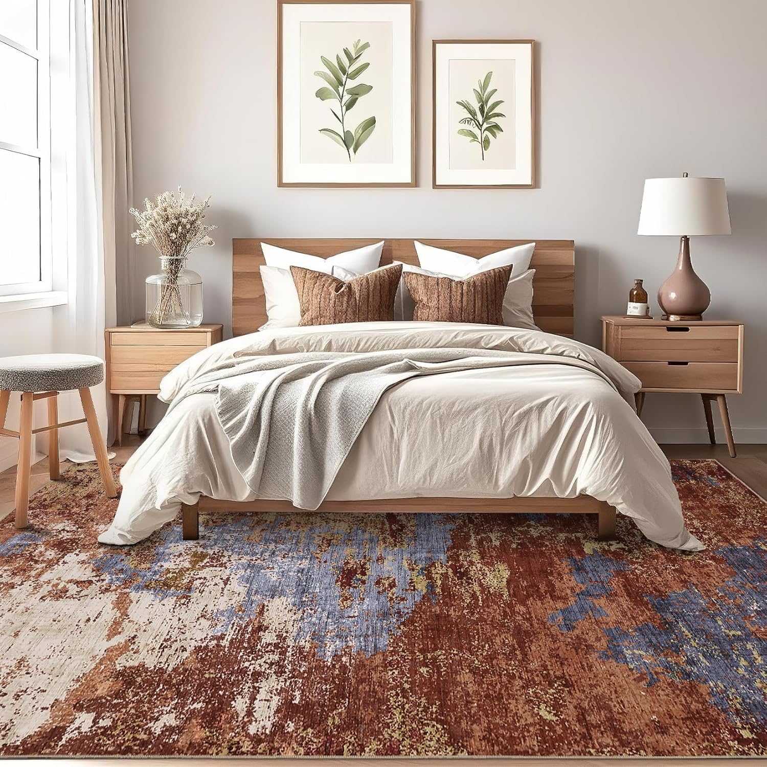 GarveeHome Washable Modern Area Rugs 5x7 Non-Shedding Contemporary Floor Mat, Abstract Low Pile Accent Carpet with Non-Slip Backing, Colorful Throw Rug for Bedroom, Living Room, Red