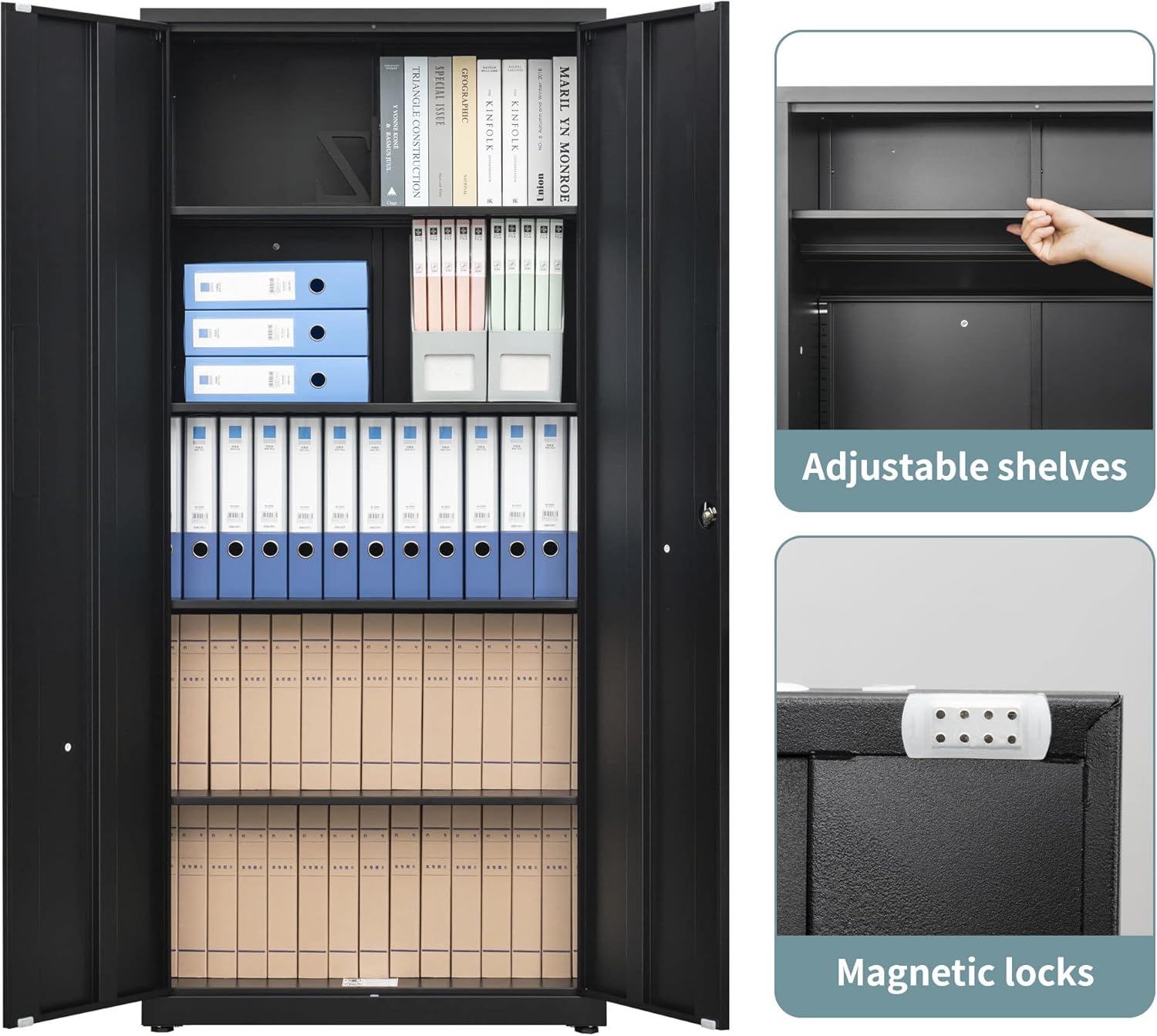 Metal Storage Cabinet, Garage Cabinet, 69.7" H Office Cabinet with Locking Doors and Adjustable Shelves, for Office, Garage and Utility Room, Black