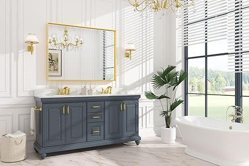 Miniatura 2 de Keonjinn Espejo de baño dorado de 48 x 36 pulgadas, espejo rectangular con marco de metal dorado cepillado, espejo de pared grande rectangular