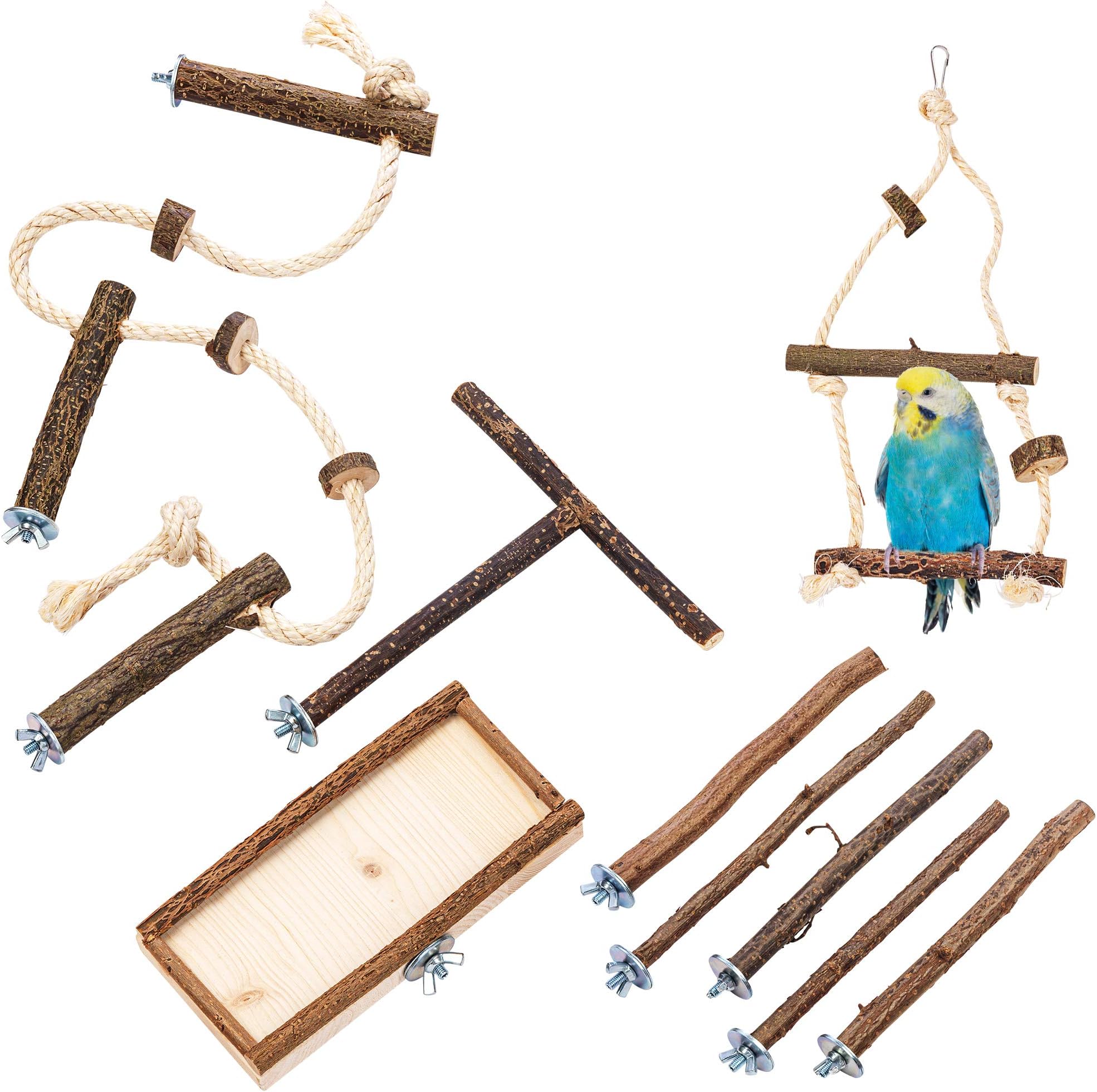 – Vogelgaleria® 10 part basic cage set Set with natural perches bird swing, seat, settling rod and cage rope perch for budgerigar, cockatiel & Co.| Accessories for birdcage