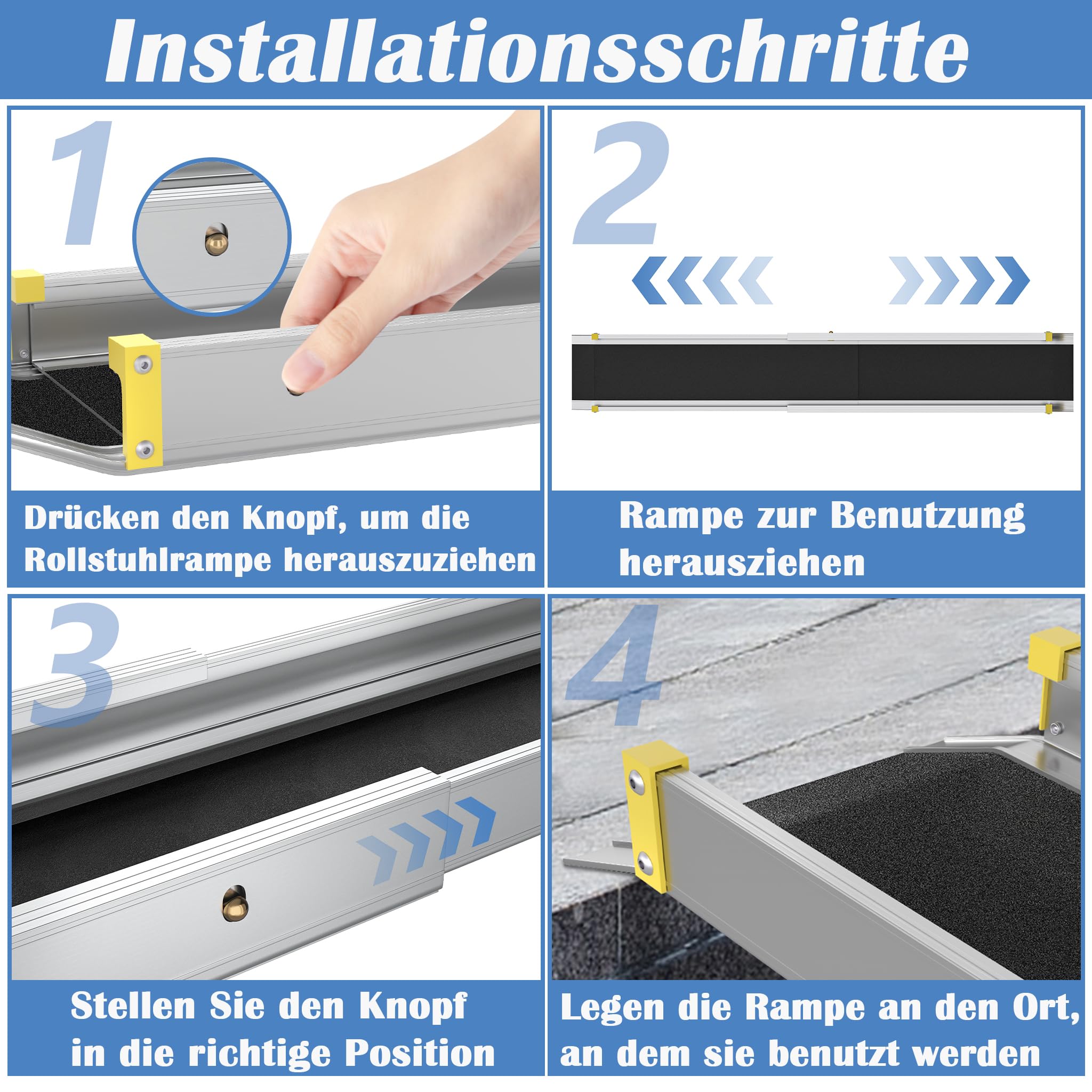 NAIZY Rampa telescópica para silla de ruedas, 121-213 cm, aluminio, con bolsa de almacenamiento, portátil, antideslizante, 15 cm de ancho, máx. 300 kg
