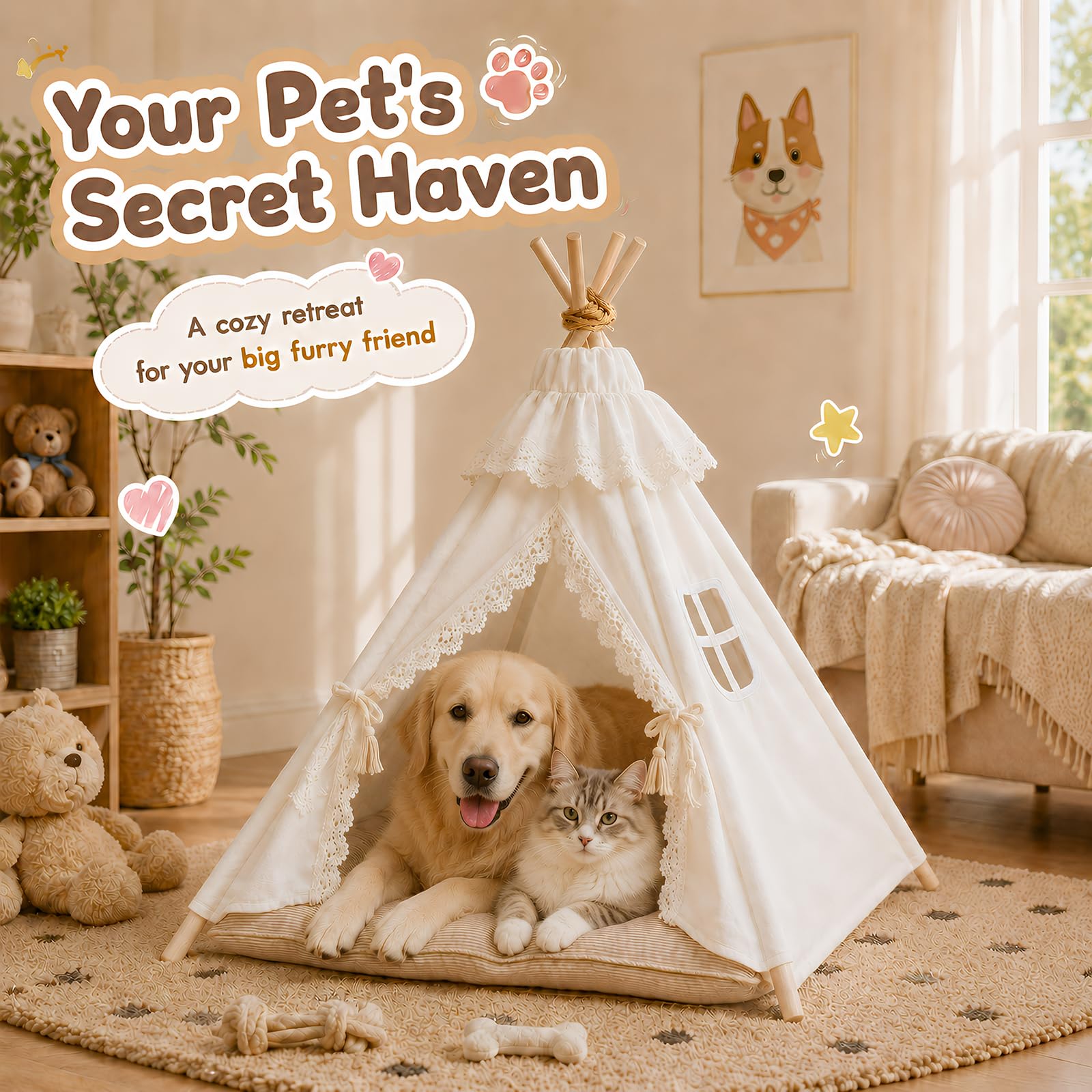 Tipi Zelt für Hunde und Katzen 60x60x70cm, 5-Eckiges Kiefernholz Haustierzelt mit Doppelseitigem Kissen, Waschbare Hundehöhle für Mittelgroße Hunde bis 15kg Indoor, Cremeweiß, 1 Stück