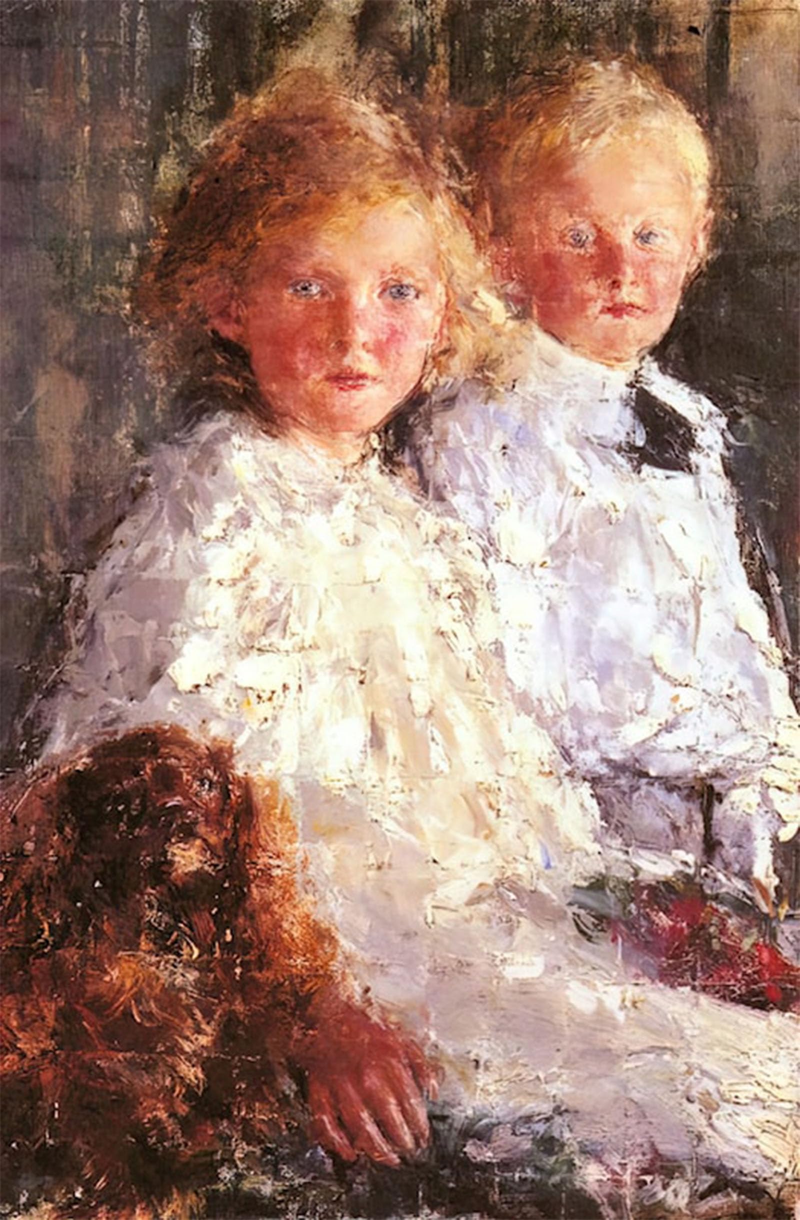 ARTXLXXBN Famous Painting Art Wall Decor Abstract Art Picture Portrait of Elizabeth and Charles Williamson with their Pet Dog Antonio Mancini Animal Pictures for Home Decor 60x90cm