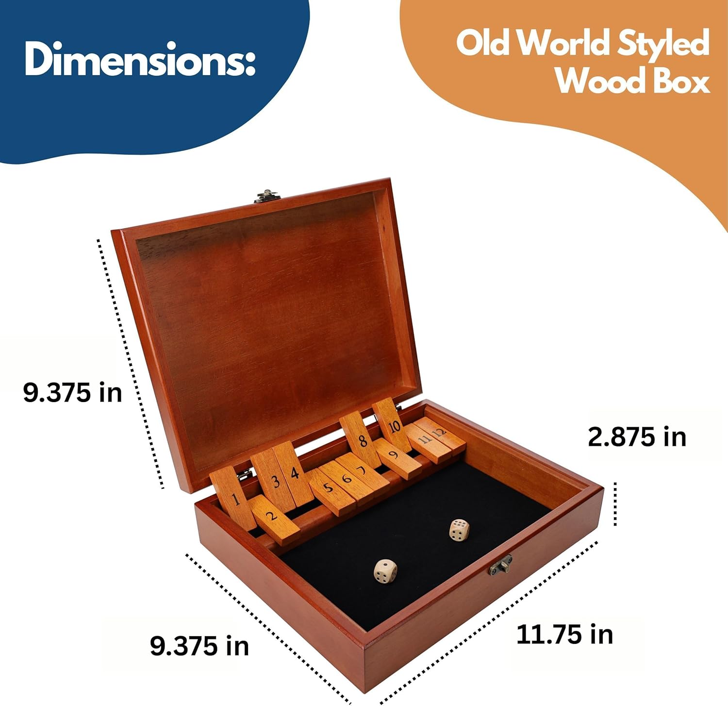 WE Games Custom Engraved Shut the Box Game Wooden Dice Games, Personalized Engraving, Tabletop Bar Game, 12 Number Tiles in Keepsake Cherry-Stained Wooden Box