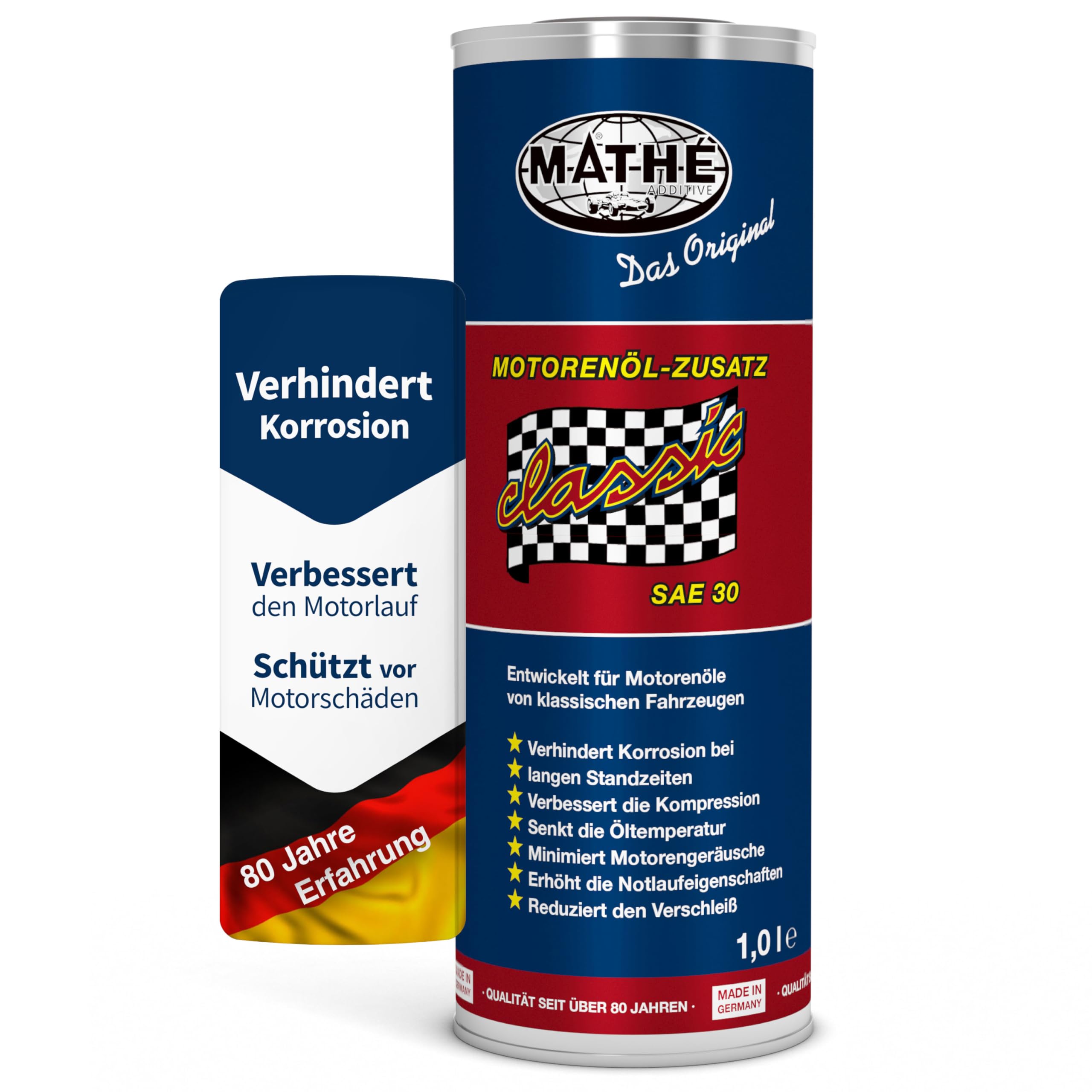 MATHÉ Classic Motorenöl-Zusatz (1 Liter) - Öl-Additiv für mineralische Motorenöle in Oldtimern - Schutz vor Verschleiß und Korrosion - Verbessert Startverhalten, Motorlauf & reduziert Laufgeräusche