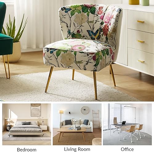 Miniatura 6 de HULALA HOME Silla decorativa con patas de metal dorado, cómoda silla de sala de estar, silla lateral pequeña sin brazos de tela floral, silla