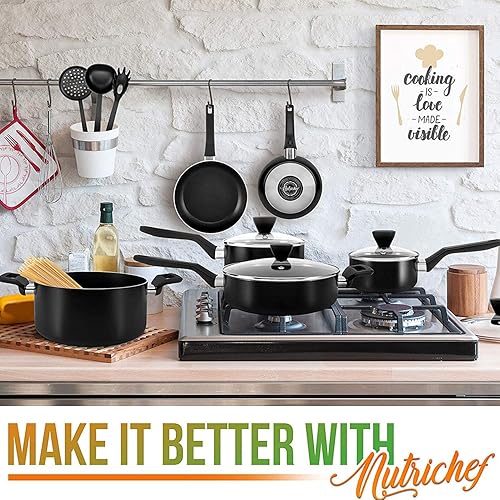 Miniatura 8 de NutriChef NCCWA13 - Juego de ollas y sartenes de aluminio antiadherente para cocina casera con tapas y utensilios, juego de 26 piezas, color negro