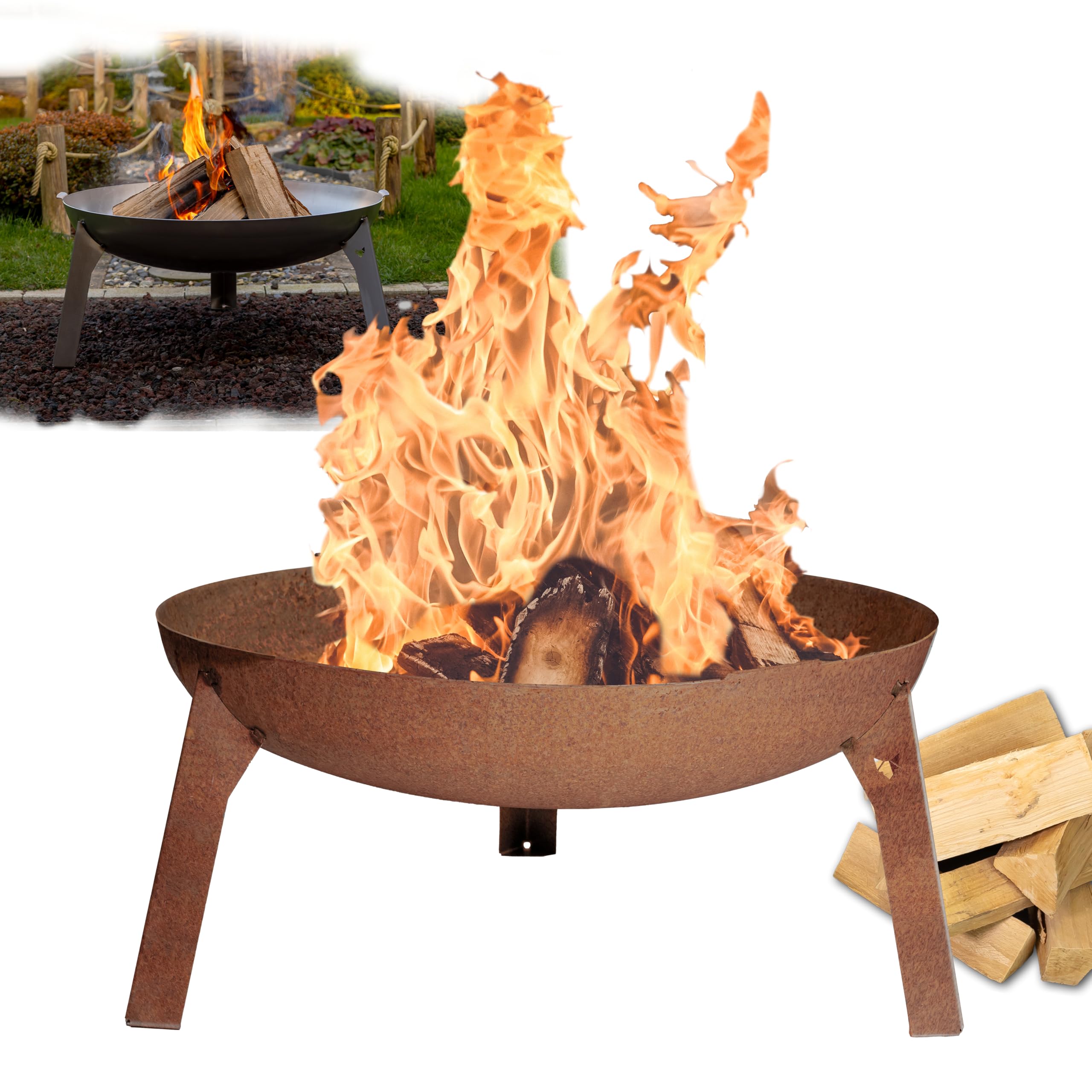FENNEK Feuerschale 3 Pod | Große Feuerstelle aus massivem 2,0 mm Stahl rostend | Ø 65 cm | Für Garten, Terrasse und mehr | Made in Germany