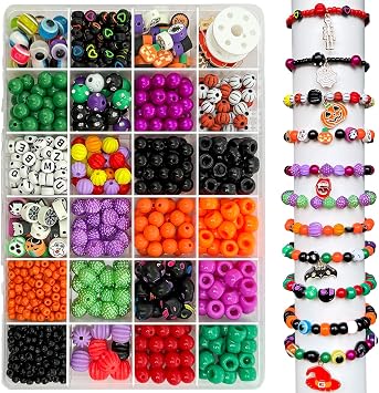 LLchunyun Halloween Beads for Bracelet Making Kit,Pony Beads Polymer Clay Bead for Jewelry Making Pumpkin Gold Spacer Letter Bead with Charms Friendship Bracelets Making Kit for Halloween DIY Crafts