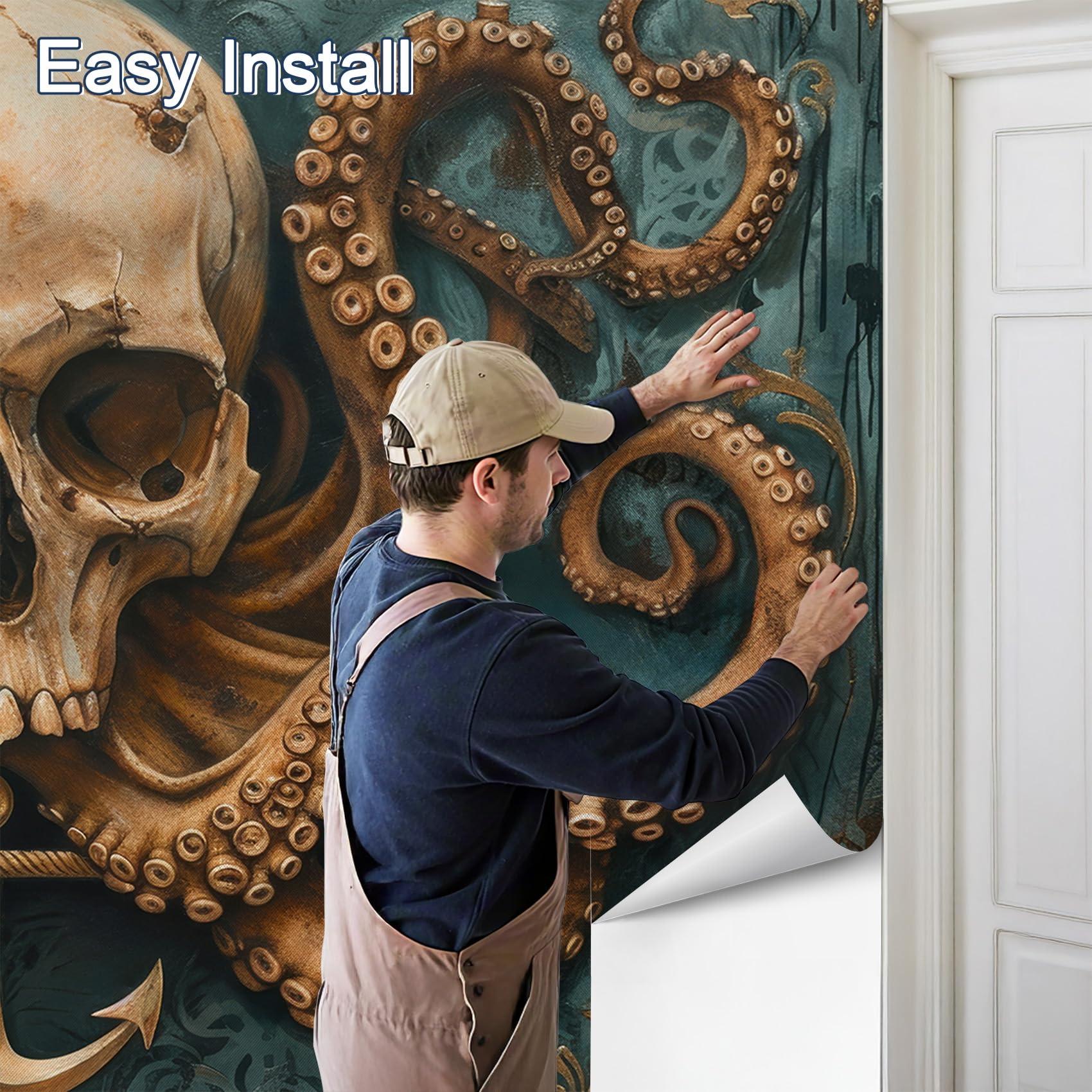 Fototapete Totenkopf Schlafzimmer, 3D Tapete Gothic Oktopus, Vliestapete Grün Braun, Tapeten Wohnzimmer Muster, Nautisch Anker Wand Deko Kinderzimmer, Wandtapete, Mustertapete Vlies 416x254 cm